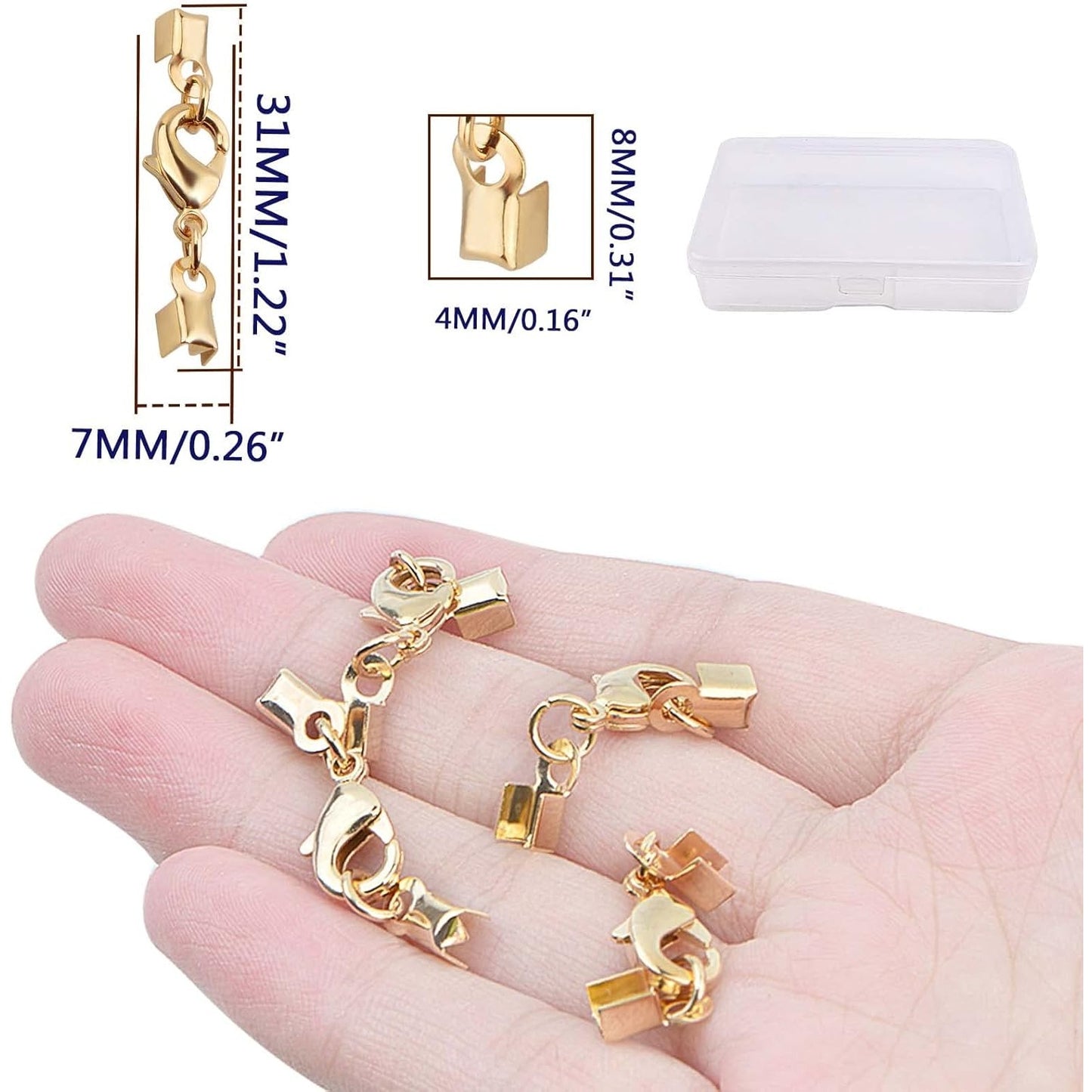 20pcs Golden Lobster Claw Clasps with Cord Ends Metal Leather Cord End Caps Fold Over Crimp End Tips Connector with a Plastic Box for DIY Necklace Bracelets Jewelry Making