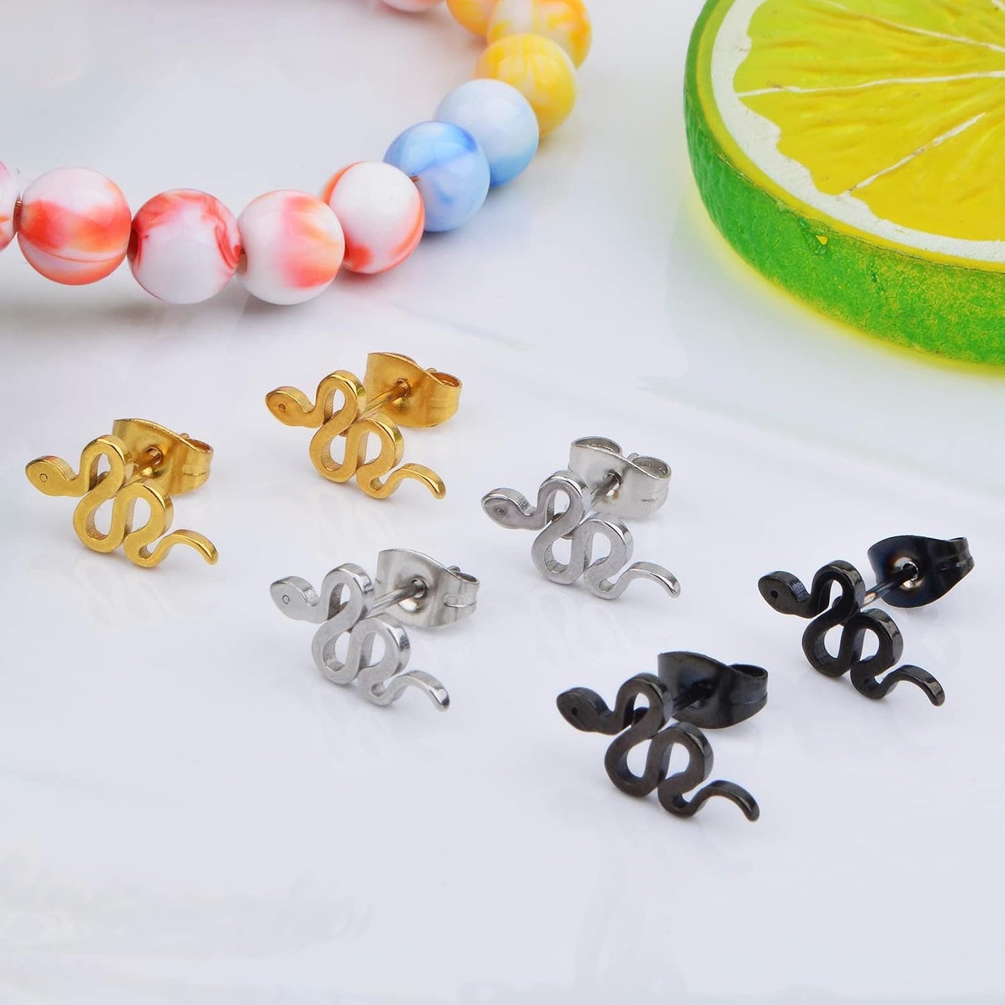 3 Pairs Stainless Steel Snake Shape Earring Studs Hypoallergenic Animal Snake Stud Dangle Earrings with Earring Backs for DIY Earrings Jewelry Making Supplies, 3 Colors