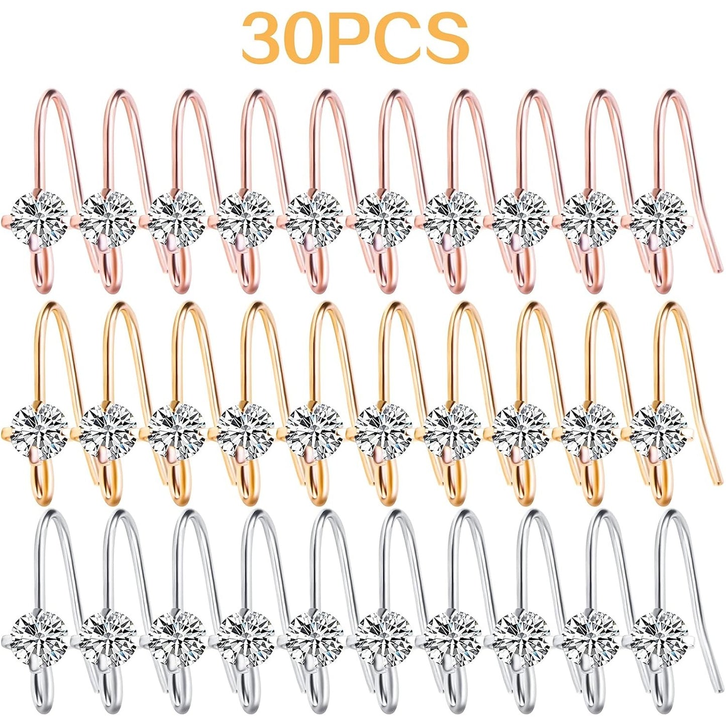 30pcs 3 Colors French Diamonds Earring Hooks Brass Ear Wire Fish Hook Earrings Hypo-allergenic Elegant Dangle Earrings for DIY Jewelry Crafts Making Wedding Prom