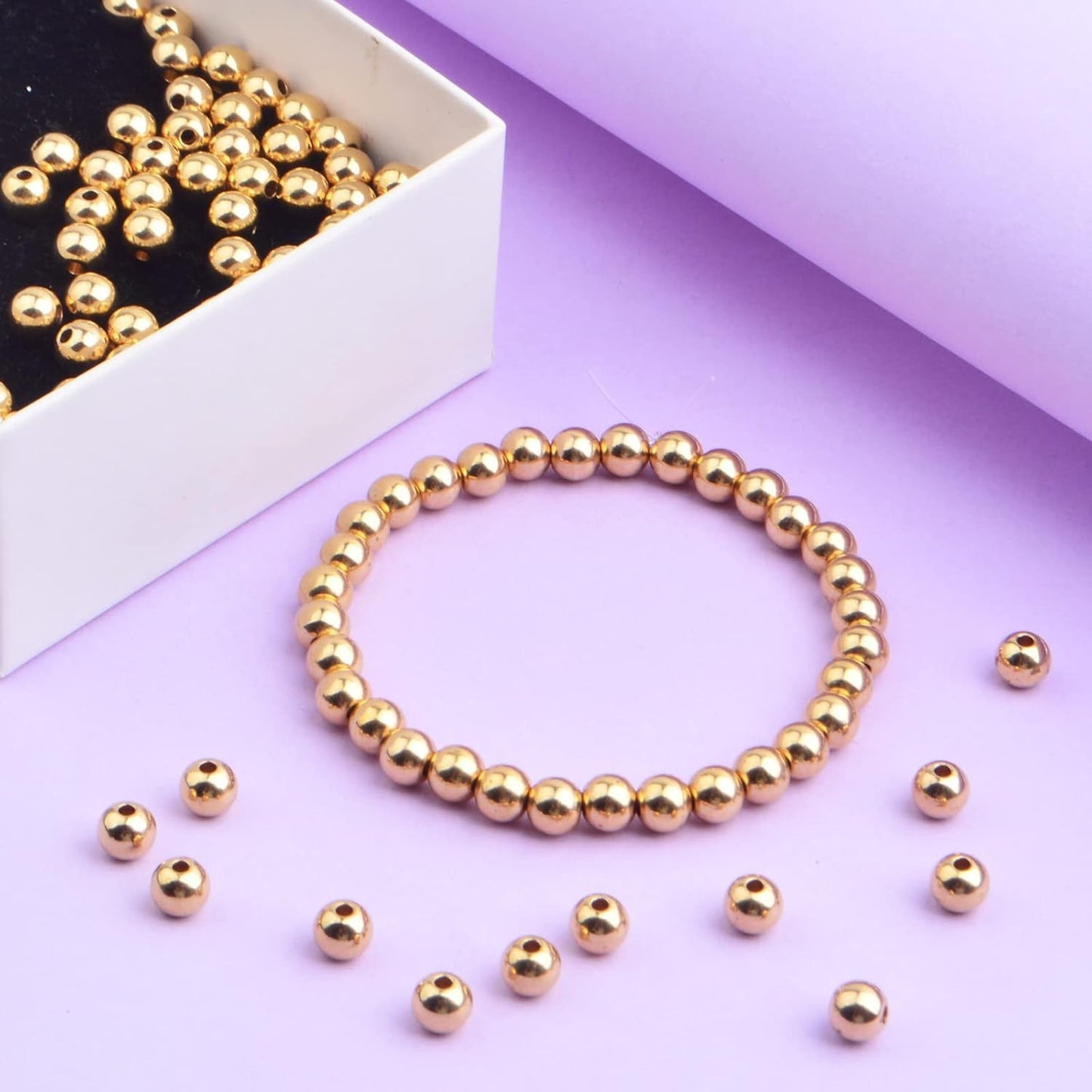 100pcs 6 mm Golden Plated Smooth Round Rondelle Spacer Beads Brass Tarnish Resistant Seamless Loose Ball Beads for DIY Bracelet Necklace Jewelry Making Supplies