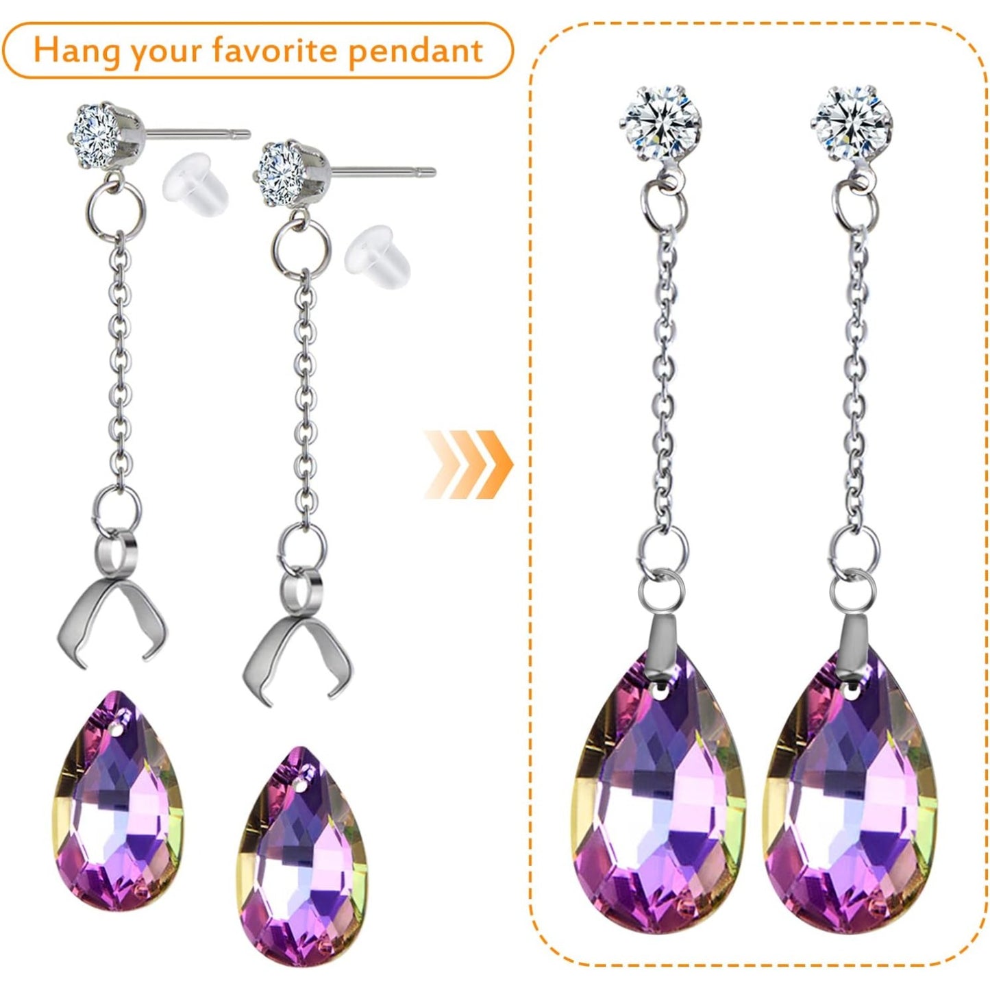 8pcs Stainless Steel Rhinestone Earring Studs Silver Plated Cubic Zirconia Earring Posts with Pinch Clasps Chains and 20pcs Clear Earring Backs for DIY Jewelry Making Supplies