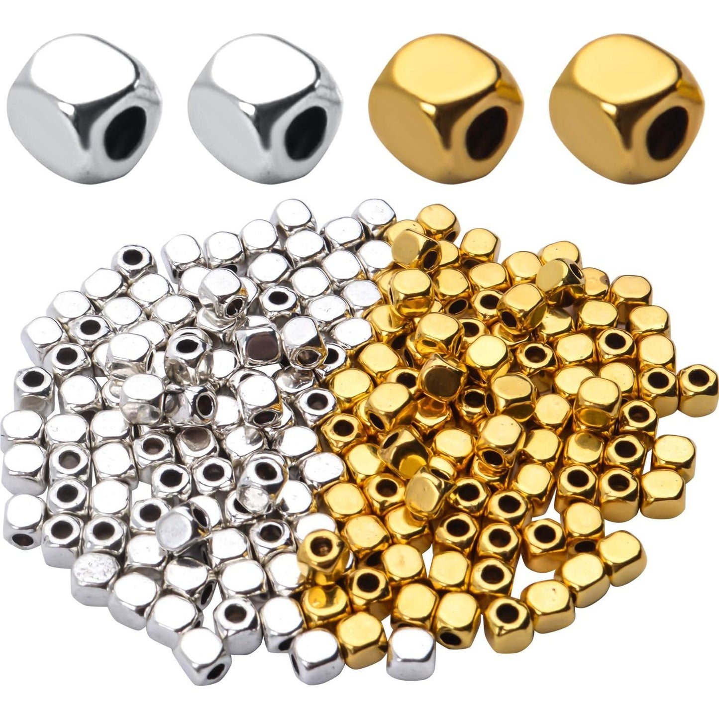200pcs 3.5mm Cube Beads Square Spacer Beads Jewelry Findings for Bracelets Crafts DIY,Gold and Silver