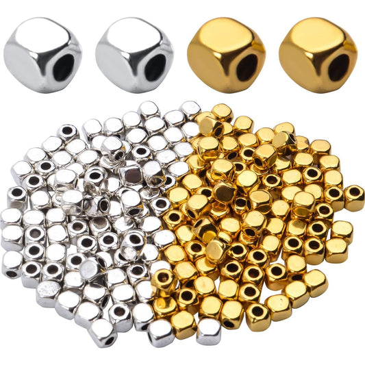 200pcs 3.5mm Cube Beads Square Spacer Beads Jewelry Findings for Bracelets Crafts DIY,Gold and Silver