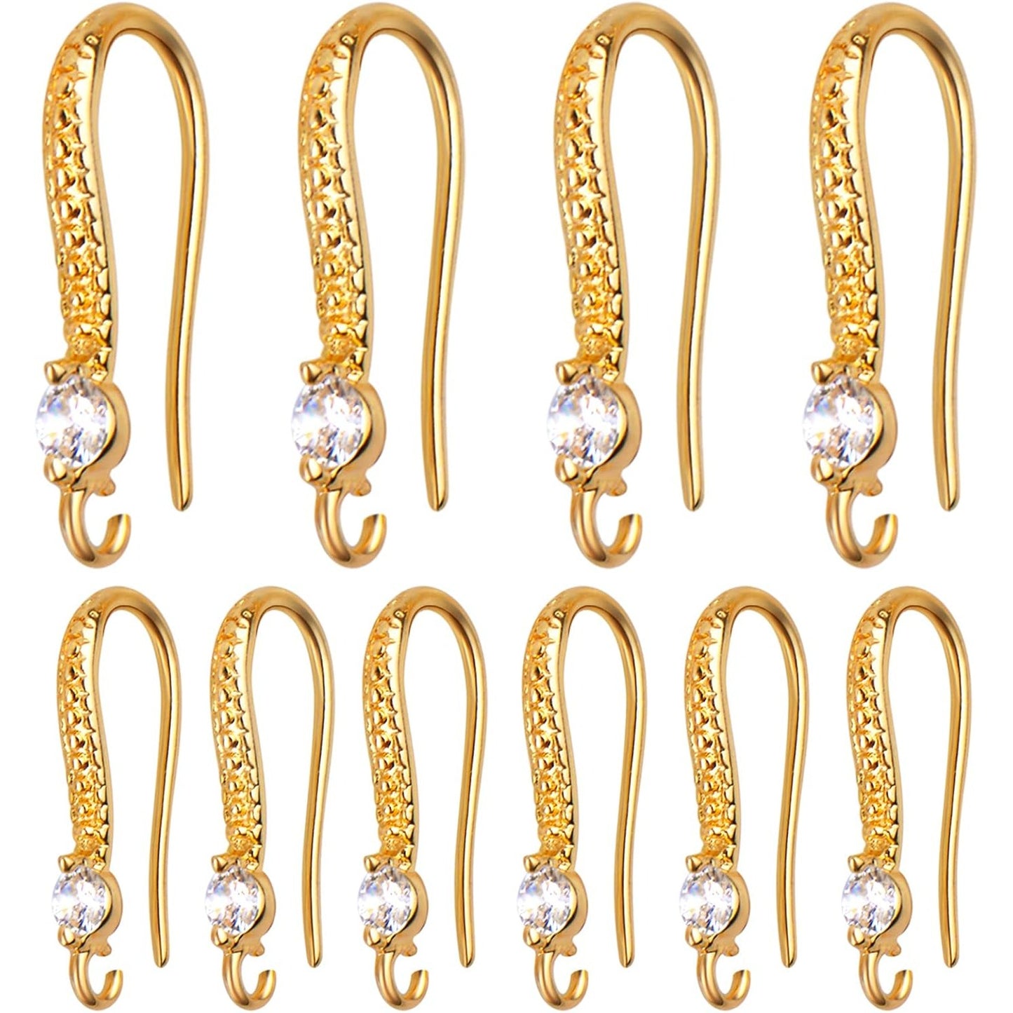 10pcs Gold Plated Brass Cubic Zirconia Earring Hooks French Fish Hooks Ear Wires with Loops Dangle Earrings Connectors for DIY Jewelry Crafts Making Party Festival Christmas Favor