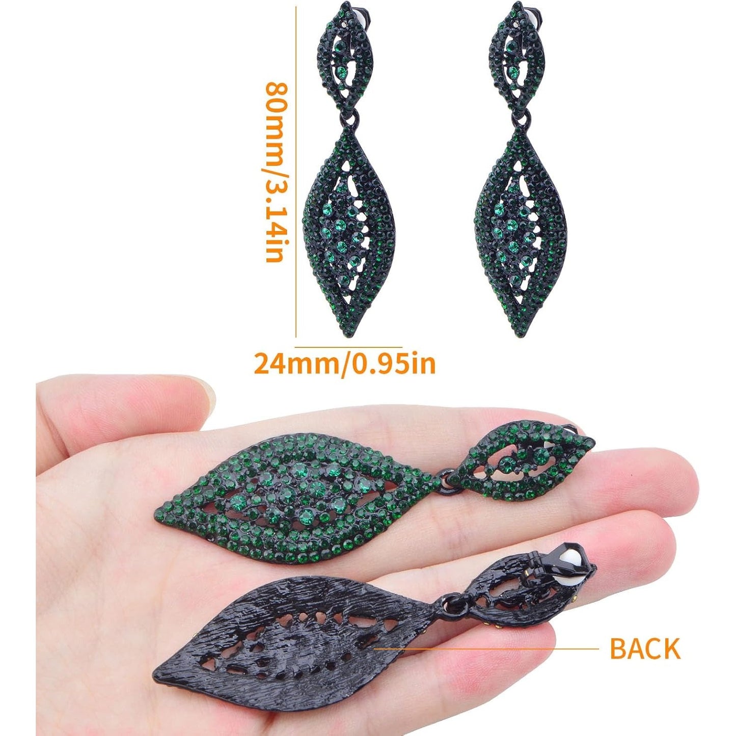 1 Pair Dark Green Clip on Earrings Rhinestone Crystal Wedding Bride Earring Clips Gorgeous Leaf Drop Clip-on Dangle Earrings for Women Non Pierced Ears Earrings Decor