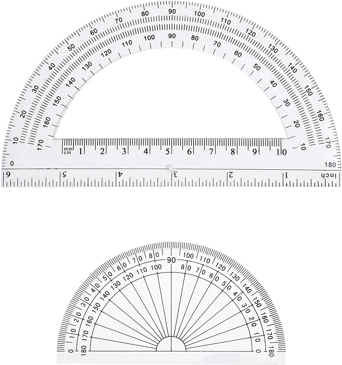 HENDEVL 2 Pcs Plastic Protractor Clear 180 Degrees Transparent Protractor for Geometry, 4 Inch and 6 Inch