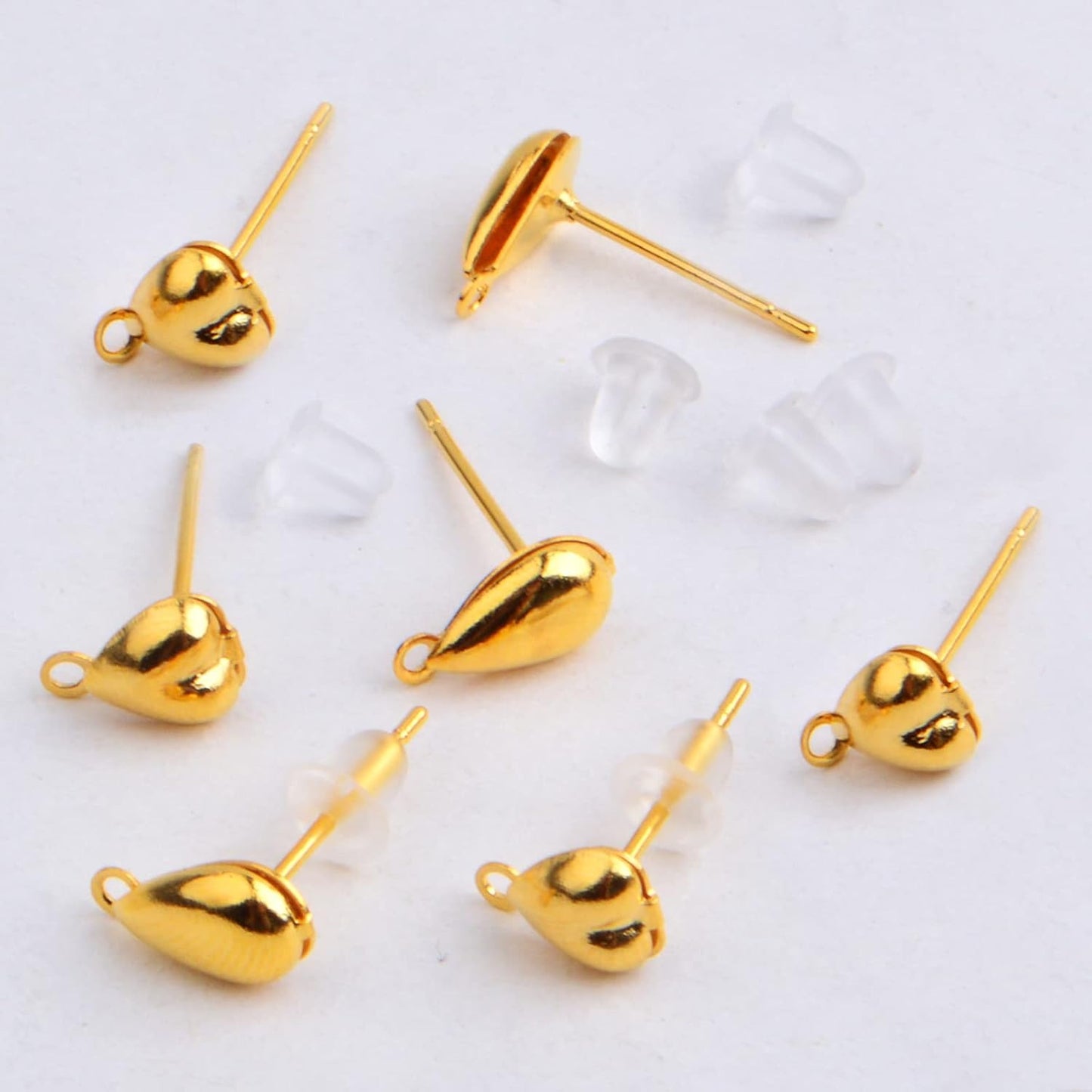 20pcs 18K Golden Plated Earring Studs Metal Earring Posts with Loop Hole Heart Drop Shaped Earring Findings and 20pcs Clear Earring Backs for DIY Jewelry Making Supplies