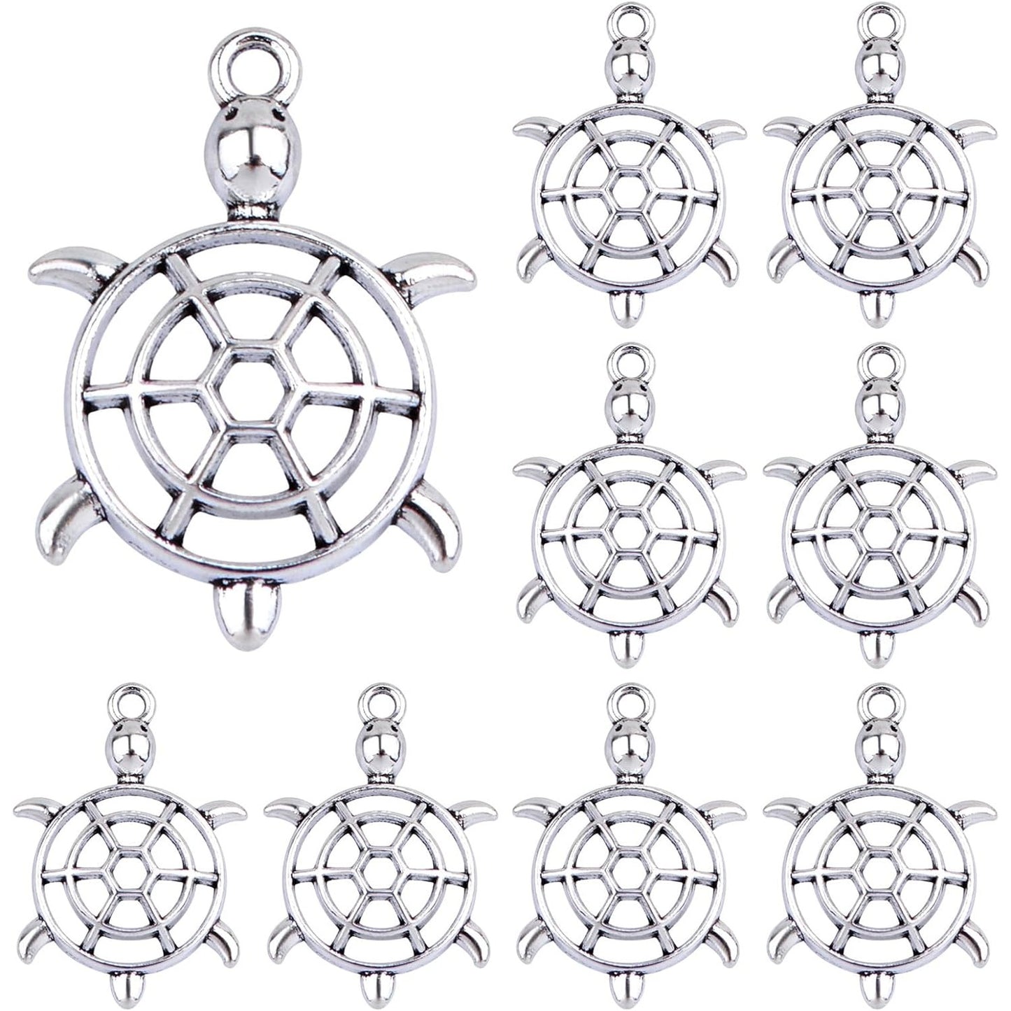 50pcs Antique Silver Hollow Sea Turtle Charms Tibetan Alloy Ocean Animal Sea Life Turtle Tortoise Pendants Accessories for DIY Necklace Bracelet Crafts Jewelry Making