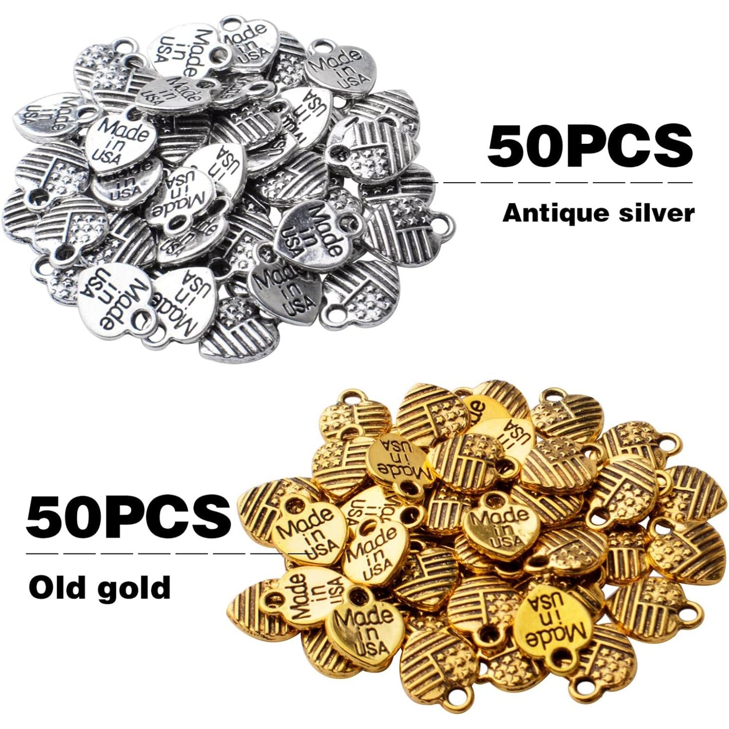 100pcs Heart Shaped Charms Alloy American Flag Charm Pendant Heart Flag Charms Pendants for Necklace Bracelet Jewelry Making DIY Crafting,Antique Gold and Antique Silver