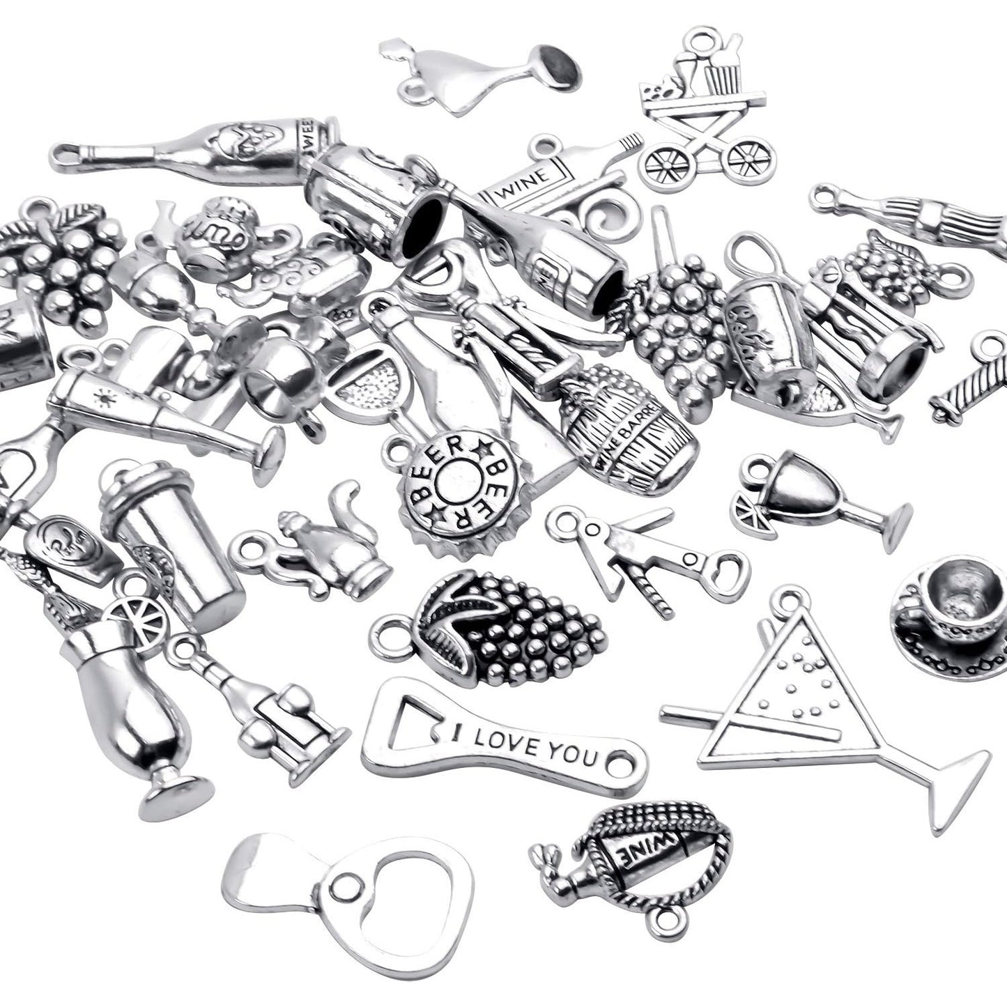 42pcs Tibetan Silver Pendants Wine Bottle Barrel Glass Opener Grape Antique Wine Charms Accessories Jewelry Findings for DIY Necklace Bracelet
