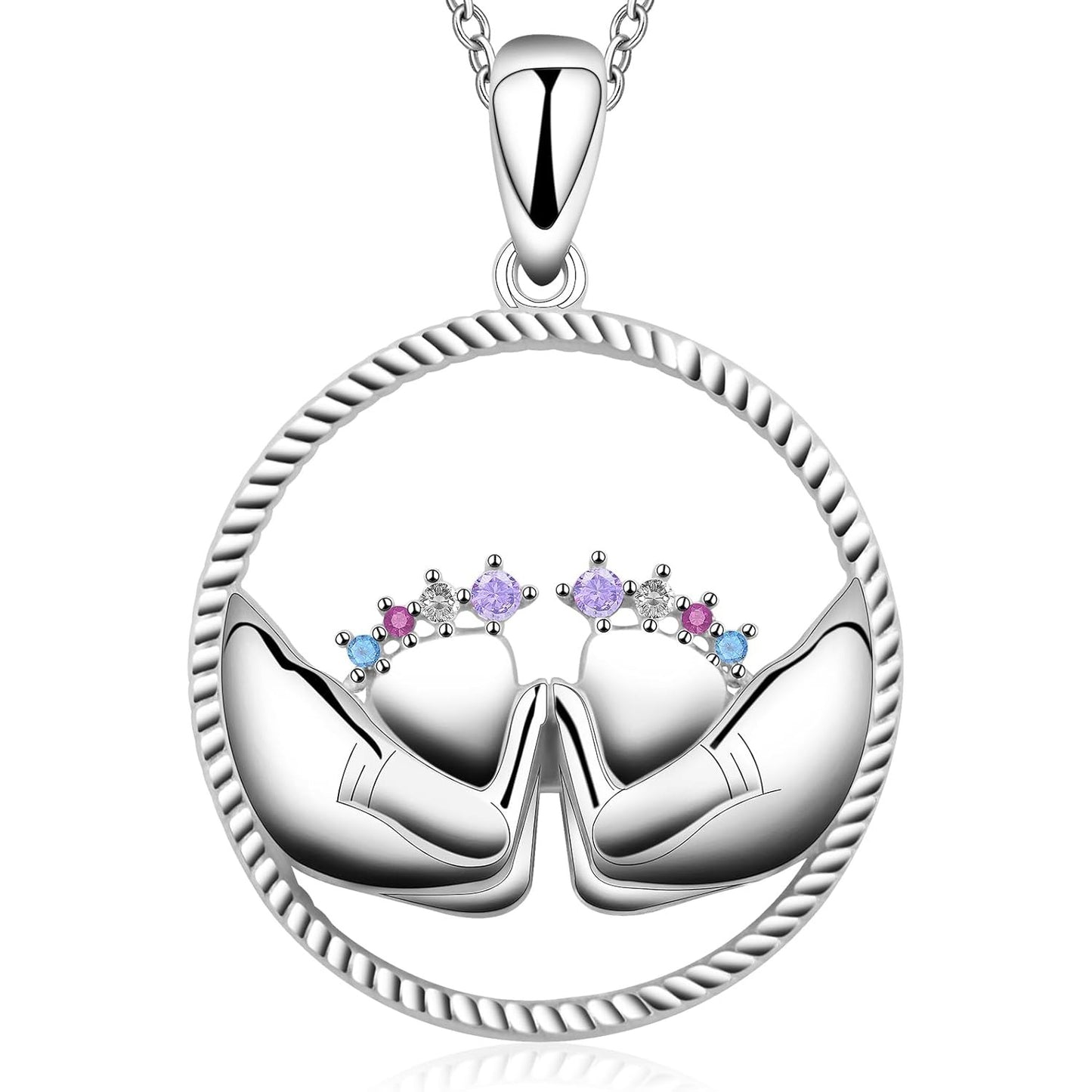 Mother Necklace 925 Sterling Silver Round Feet Mom Hold Feet Pendant Necklace with Colorful Cubic Zirconia Mother's Day Gifts for New Mom Wife
