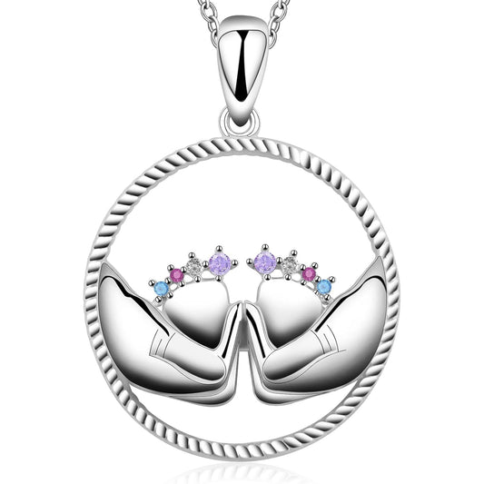 Mother Necklace 925 Sterling Silver Round Feet Mom Hold Feet Pendant Necklace with Colorful Cubic Zirconia Mother's Day Gifts for New Mom Wife