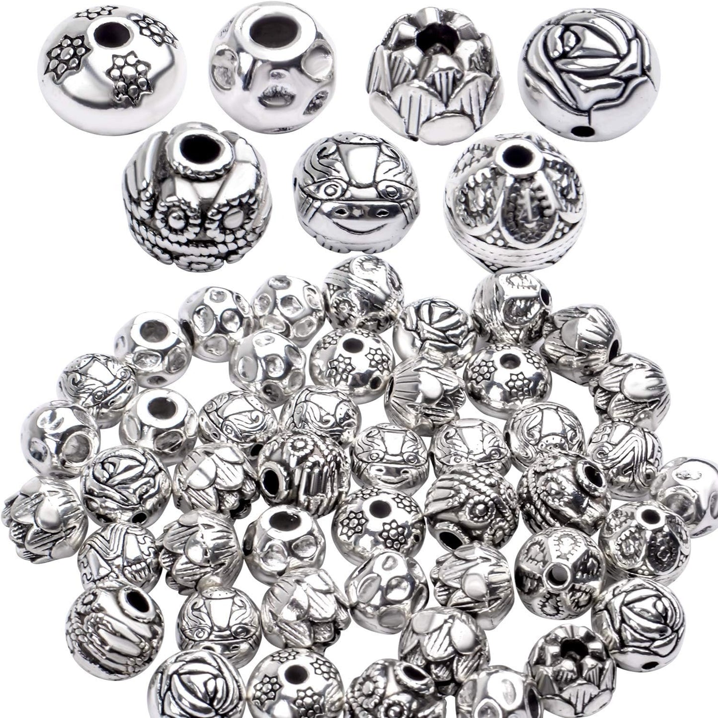 100g (About 40-60pcs) Antique Silver Spacer Beads Small Round Tibetan Loose Beads for Bracelet Necklace Jewelry Making,8-12mm