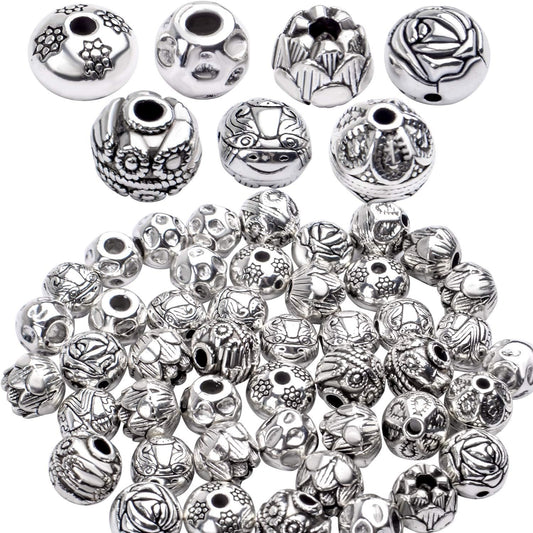 100g (About 40-60pcs) Antique Silver Spacer Beads Small Round Tibetan Loose Beads for Bracelet Necklace Jewelry Making,8-12mm