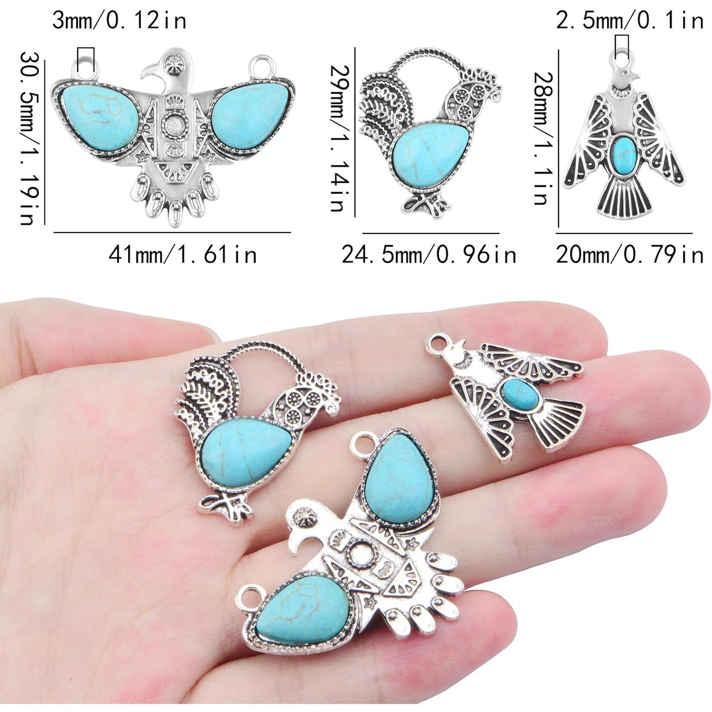 6pcs Tibetan Animal Eagle Chicken Synthetic Turquoise Charms Vintage Alloy Rooster Chicken Dangle Pendants for DIY Necklace Bracelet Earrings Jewelry Making, 3 Styles