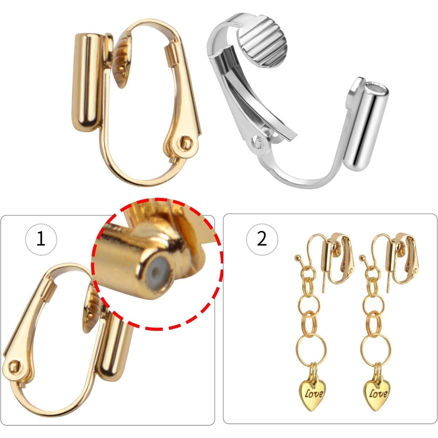 12 Pieces Clip-on Earrings Converter Components for Non-Pierced Ears and 12 Pieces Comfort Earring Pads, Gold and Silver