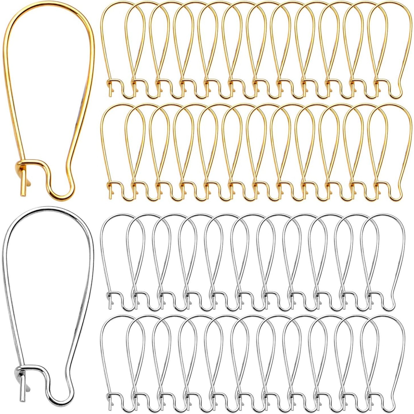 DIY Earring Findings, 200pcs Kidney Ear Wires U-Shaped Earring Hooks Earring Components for Long Dangle Earrings Jewelry Makings - Silver and Gold