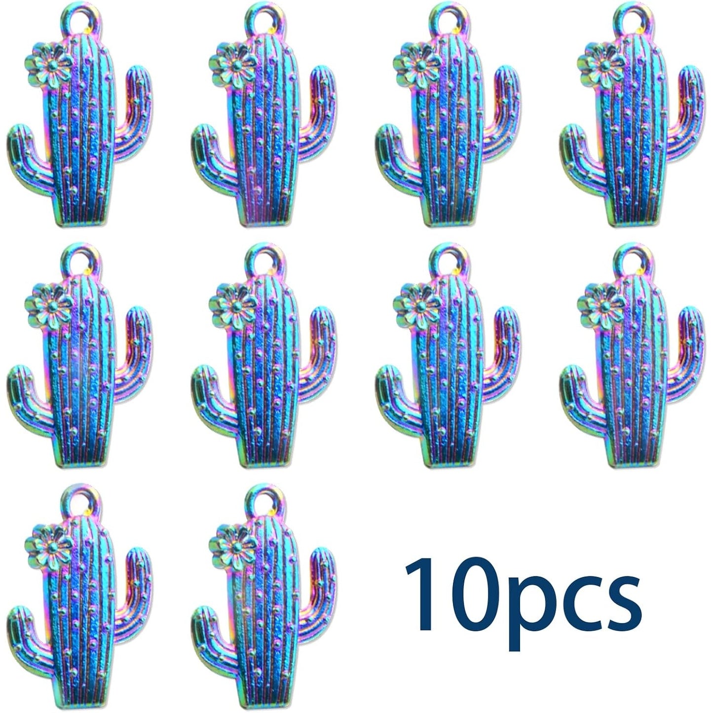 10pcs Alloy Cactus Flower Pendant Charms Tropical Summer Desert Plant Cactus Charms Craft Supplies for DIY Necklace Bracelet Earrings Jewelry Making, Rainbow Color