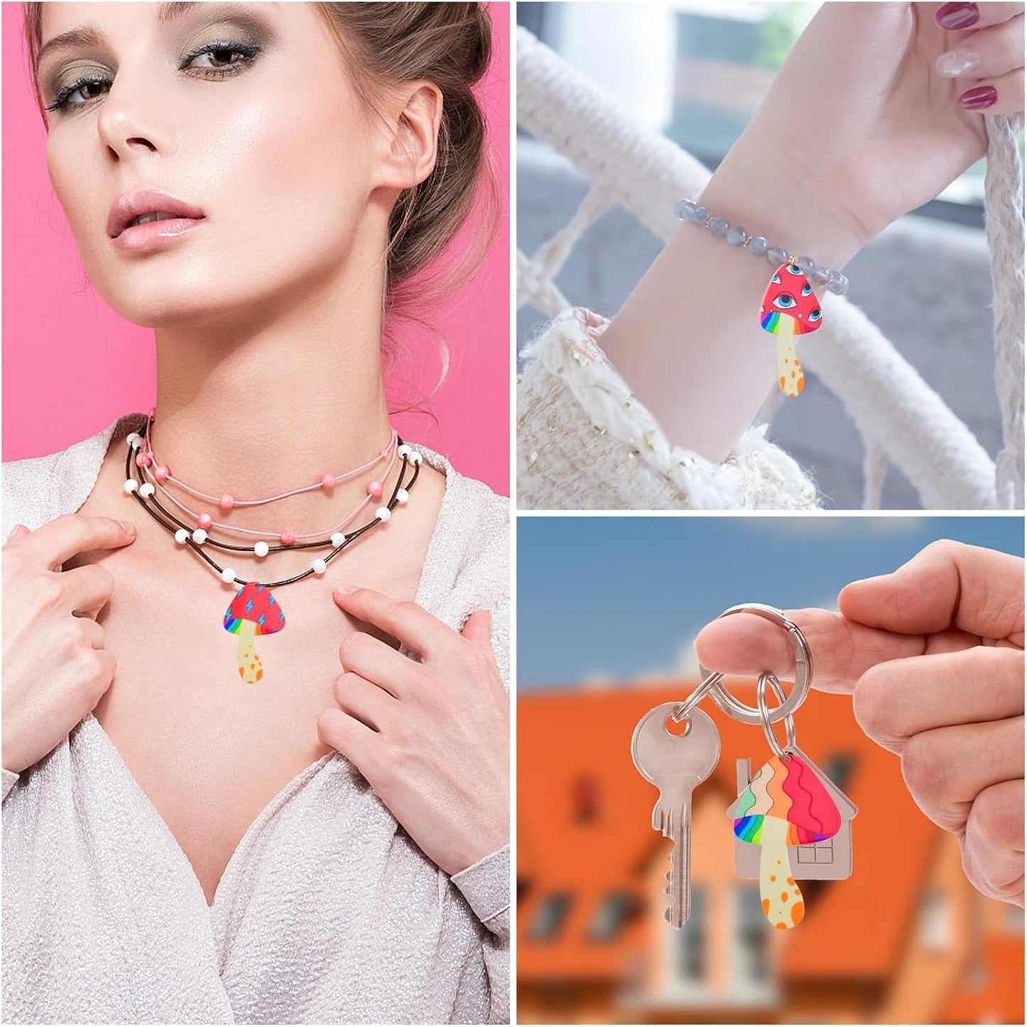 4 Pairs Acrylic Multicolor Mushroom Charms & 8pcs Silver Earring Hooks with Pinch Bail Clasps for DIY Jewelry Making