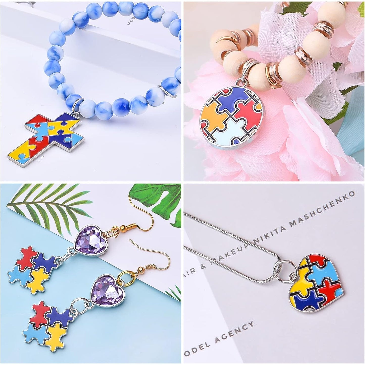 20pcs Autism Charms Pendants Ribbon Heart Round Square Cross with Puzzle Shape Charms Enamel Colorful Enamel Autistic Awareness Pendants for DIY Necklace Bracelet Earrings Jewelry Making Supplies