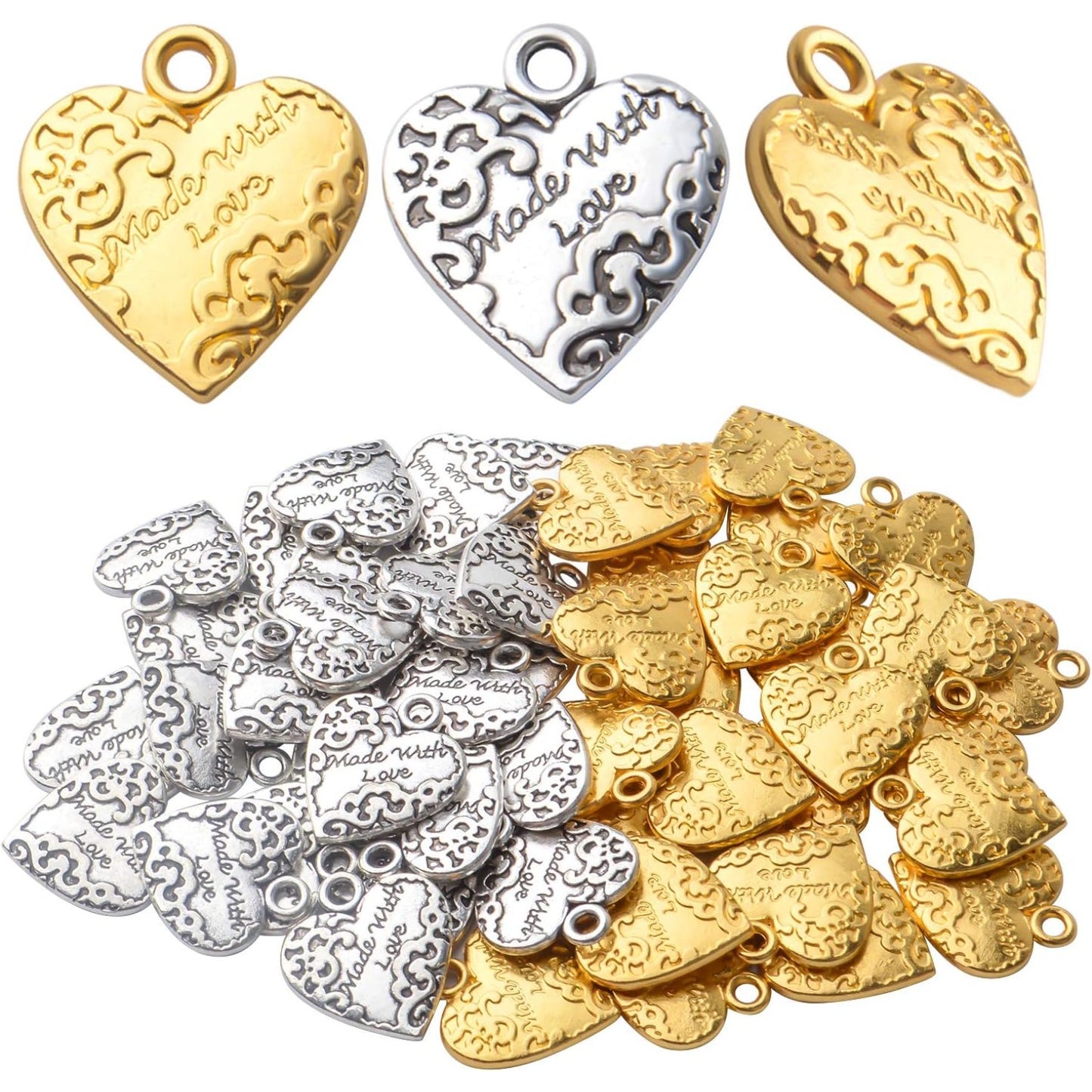 50pcs Heart Shape Made with Love Words Charms,19mm×17mm Alloy Heart Beads Charm Pendant for DIY Jewelry Making Necklace Bracelets Accessories,2 Colors