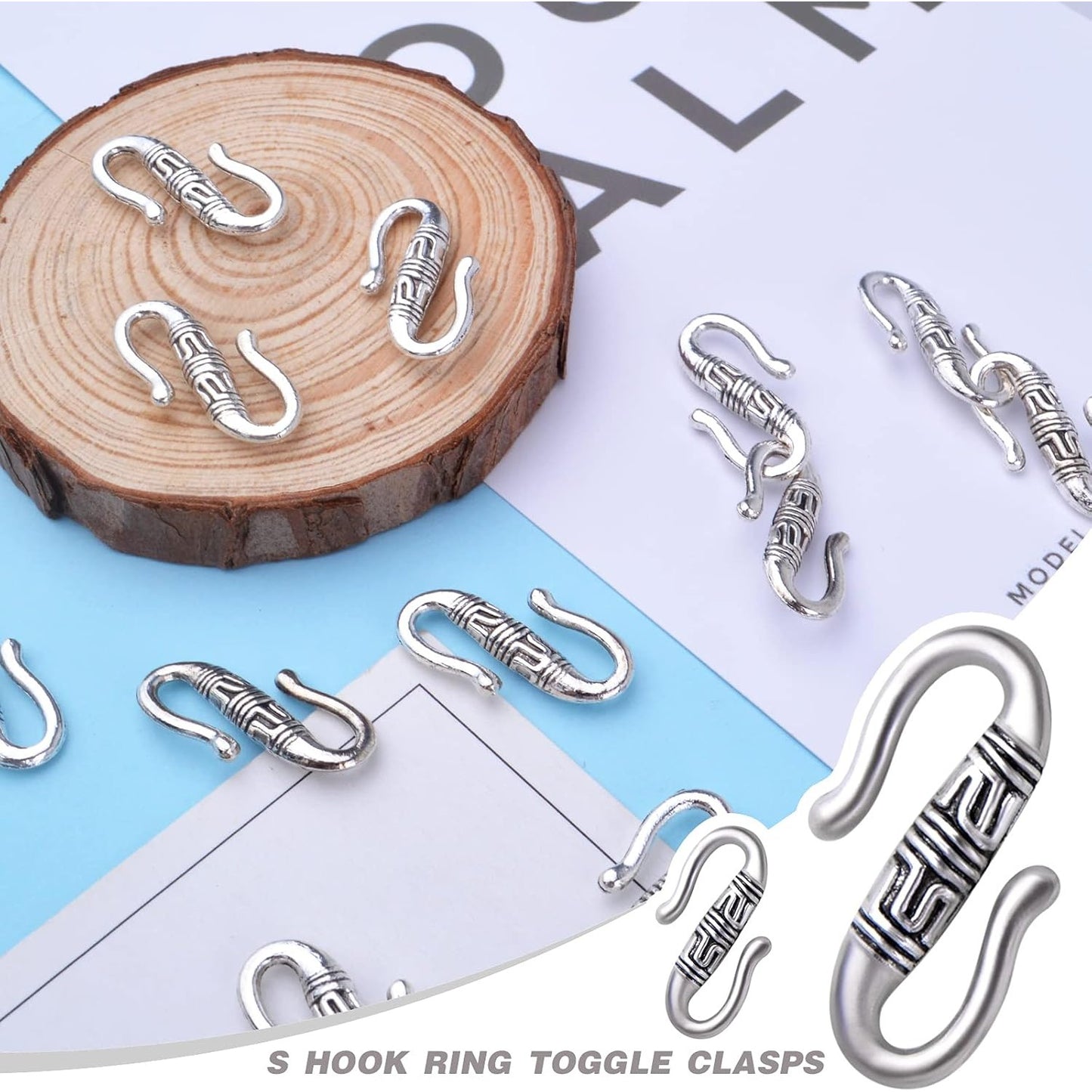 50 Pieces S Hook Ring Toggle Clasps Tibetan Necklace End Clasps Alloy Connectors Accessories for Bracelet Crafts Jewelry Making, Antique Golden
