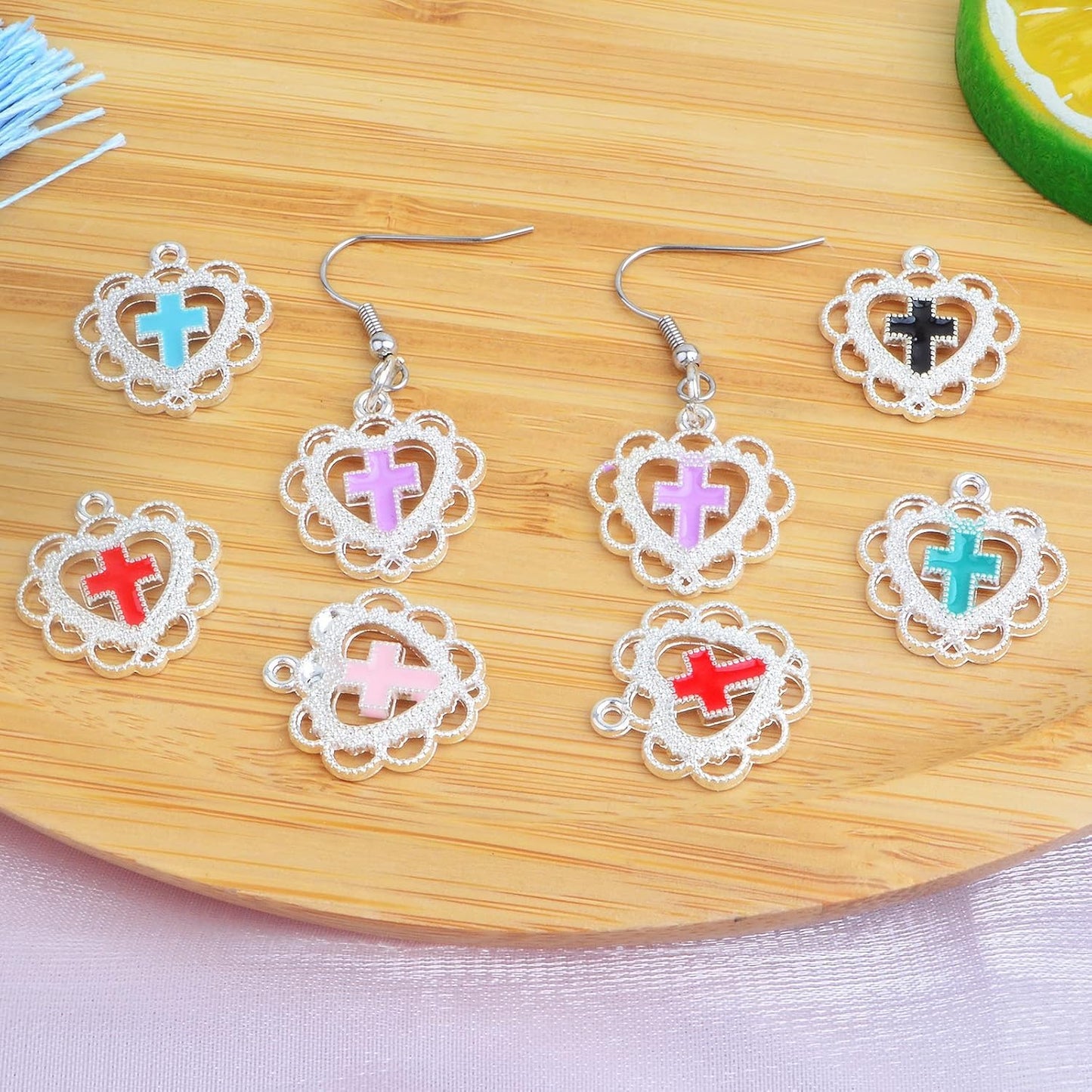 30pcs Heart Shape Enamel Lace Cross Charms Hollow Alloy Love Cross Crucifix Dangle Pendants for DIY Crafts Jewelry Making, 6 Colors