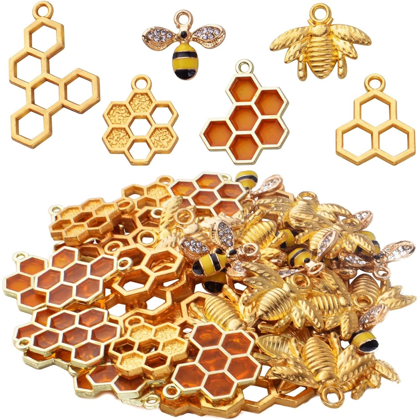 50pcs Honeycomb Bee Charms Enamel Rhinestone Alloy Honeybee Charms Pendants for DIY Necklace Earrings Bracelet Jewelry Making Accessories