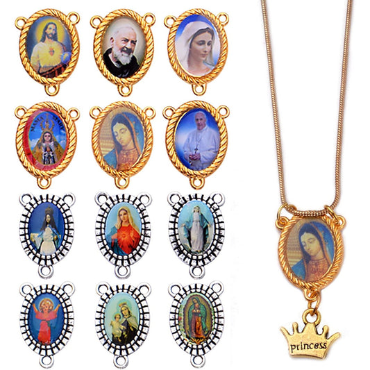 20pcs Mixed Pictures Oval Virgin Mary Miraculous Medal Floral Rosary Centerpiece Alloy Jesus Crucifix Cross Pendants Charms Connectors for DIY Jewelry Making, Gold, Silver