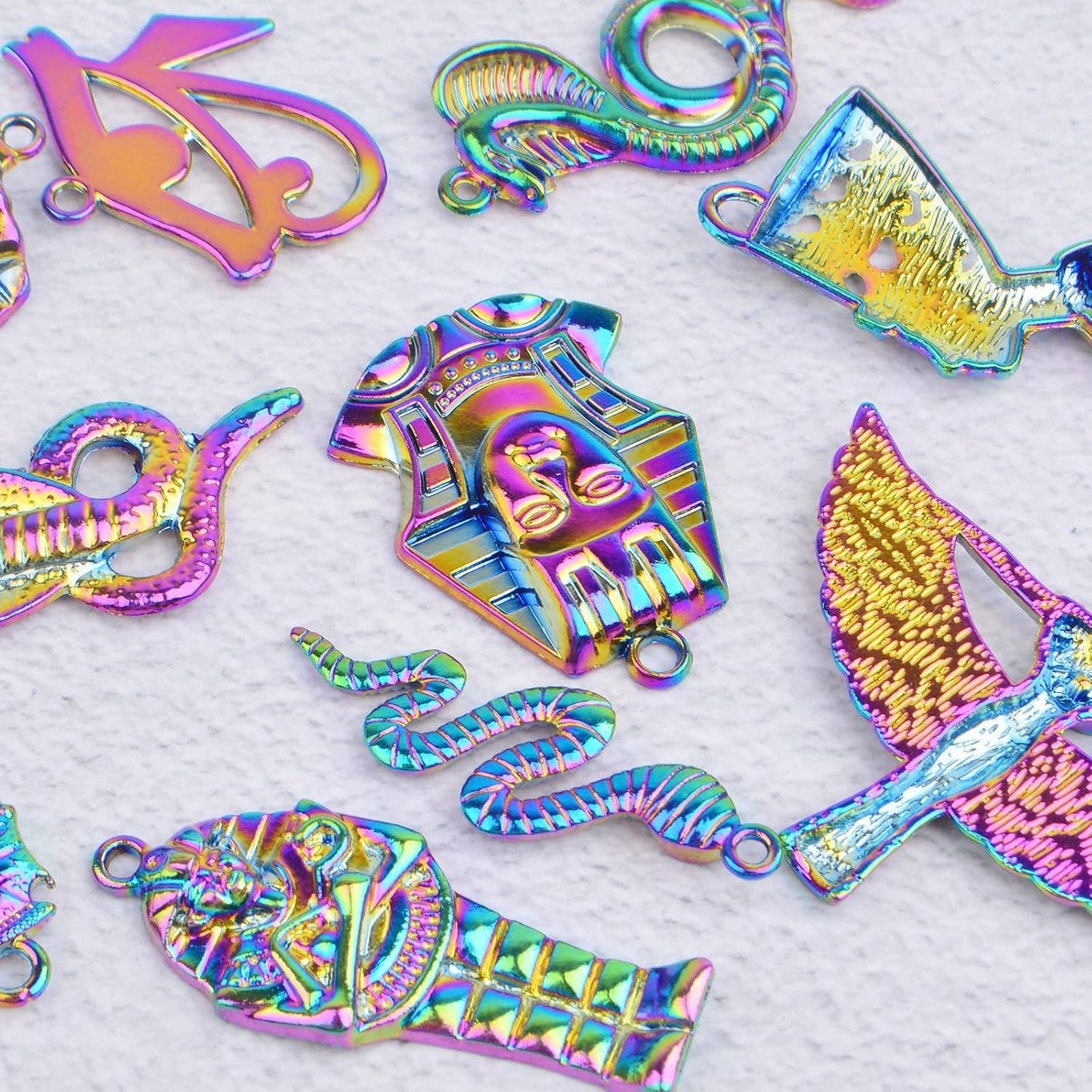 10pcs Rainbow Color Ancient Egypt Charms Mixed Pyramid Chief Snake Pharaoh Horus Eyes Cobra Winged Goddess Isis Pendants for DIY Jewelry Making Craft Supplies, 10 Styles
