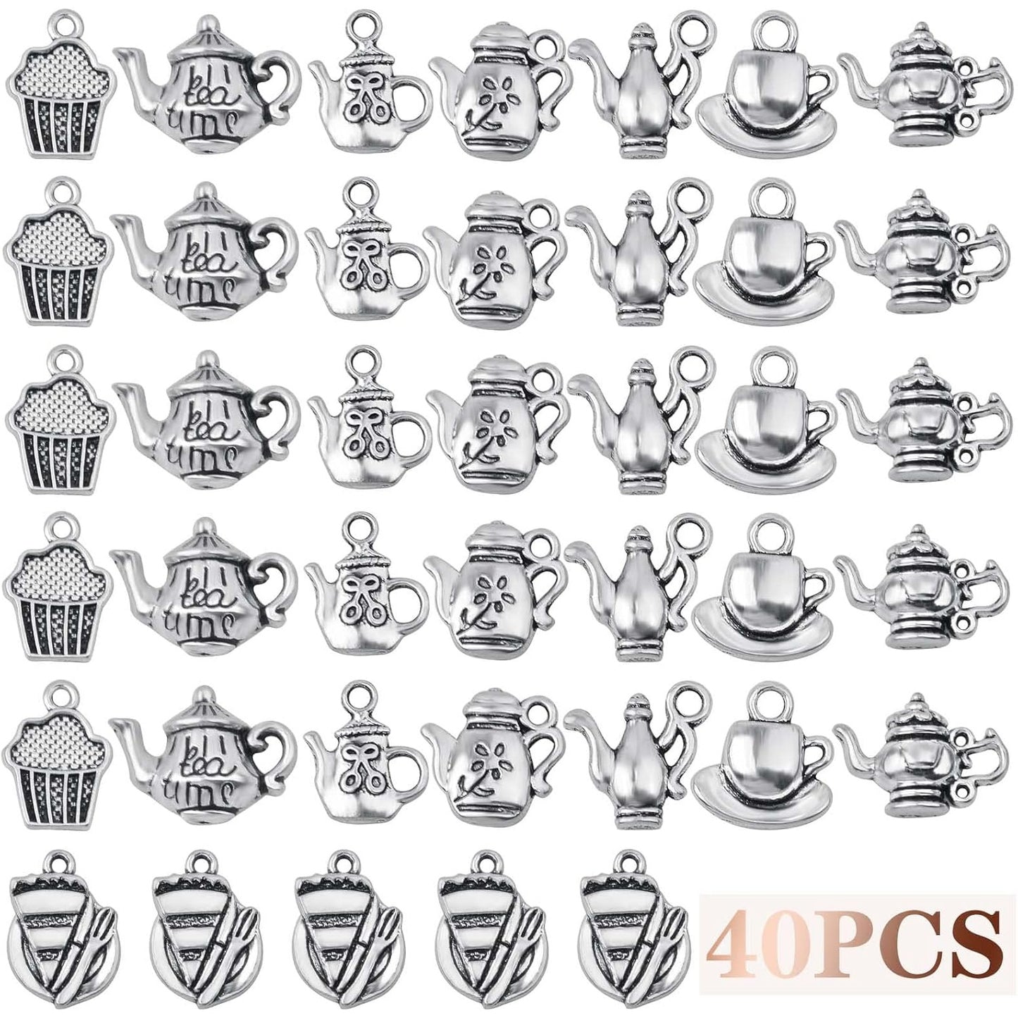 40pcs Antique Silver Tea Cup Charms Tibetan Vintage Mixed Teapot Coffee Cup Mug Pendant Charms Craft Supplies for DIY Necklace Bracelet Earring Jewelry Making, 8 Styles