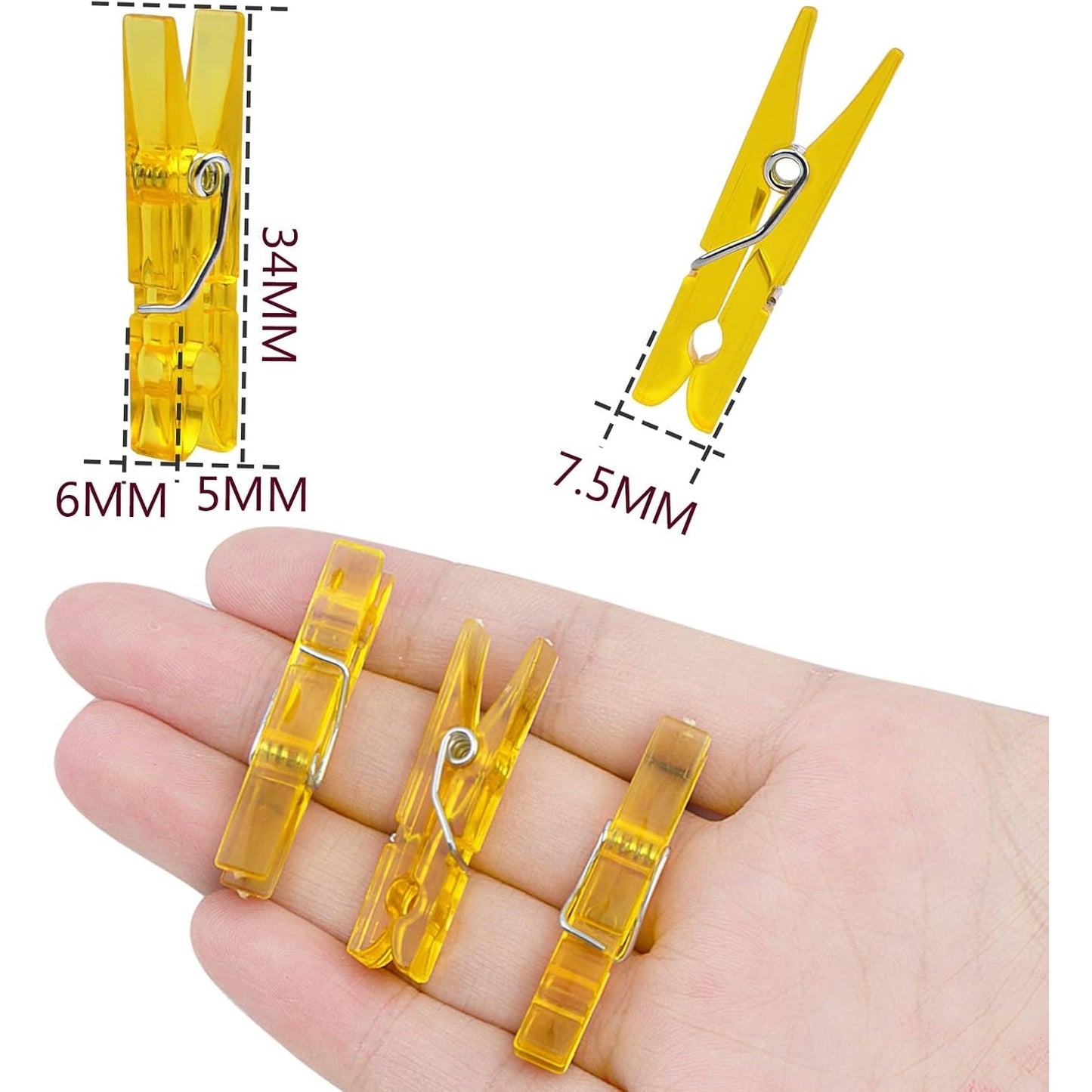 100pcs Yellow Plastic Clothespins Mini Transparent Clips Photo Paper Peg Pins Craft Clips for Wall Hanging Pictures Wedding Party Decoration Gift Wrapping