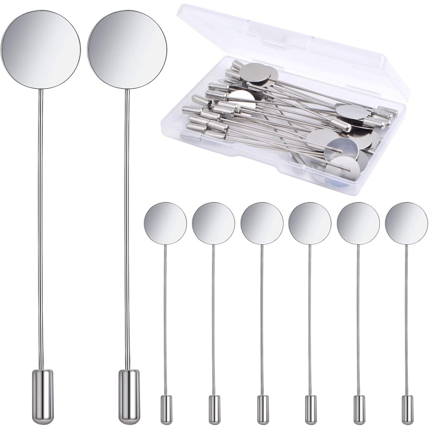 30pcs Round Tray Lapel Stick Pins Stainless Steel Tray Lapel Pin Blank Stick Brooch Pins DIY Costume Jewelry Accessories with a Box for Men Women Suit Tie Hat Scarf Badge