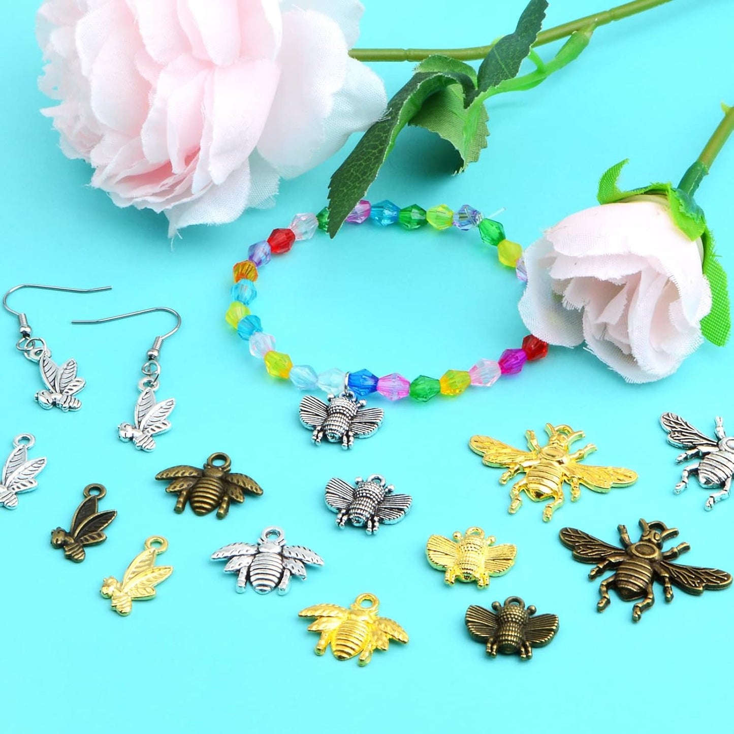 60 Pieces 4 Styles Bee Pendant Charms Antique Alloy Honeybee Fly Insect Dangle Charms Jewelry Findings for DIY Bracelet Necklace Earrings Crafting, 3 Colors