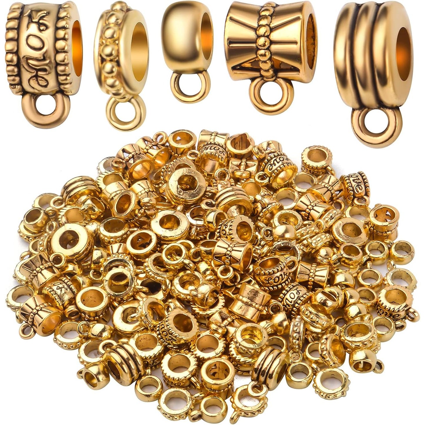 100g Antique Gold Bail Tube Beads Bail Beads Spacer Beads Tibetan Bead Hanger Charms Connector Links for DIY European Charm Bracelet Jewelry Crafts Making, 5 Styles