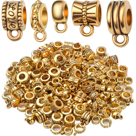 100g Antique Gold Bail Tube Beads Bail Beads Spacer Beads Tibetan Bead Hanger Charms Connector Links for DIY European Charm Bracelet Jewelry Crafts Making, 5 Styles
