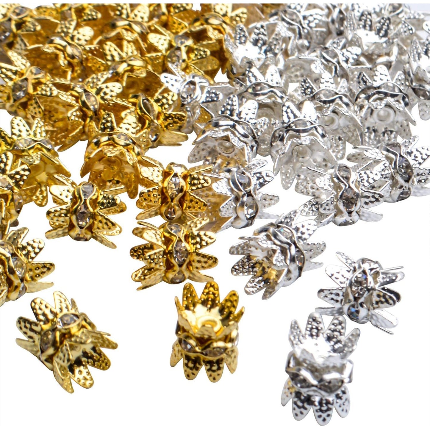 60PCS Double Flower Beads Caps with Rhinestone Petal Brass Bead Spacer Flower Caps Jewelry Making Accessories for Bracelet Necklace Earring