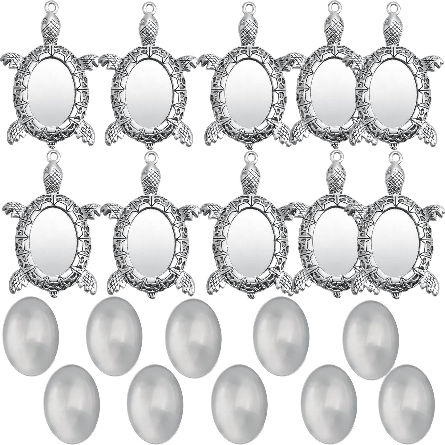 10pcs 2 Colors Antique Turtle Bezel Pendant Settings Blank Turtle Pendant Trays with 10pcs Clear Oval Glass Cabochons Bases for DIY Art Crafts Photo Cameo Resin Jewelry Making