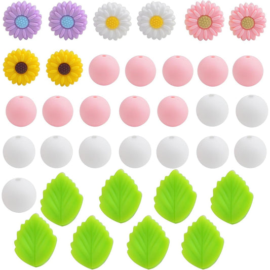 36Pcs Daisy Silicone Beads Leaf Flower Focal Loose Round Spacer Beads Bulk for Summer Necklaces Bracelets Keychain DIY Jewelry Making Crafts