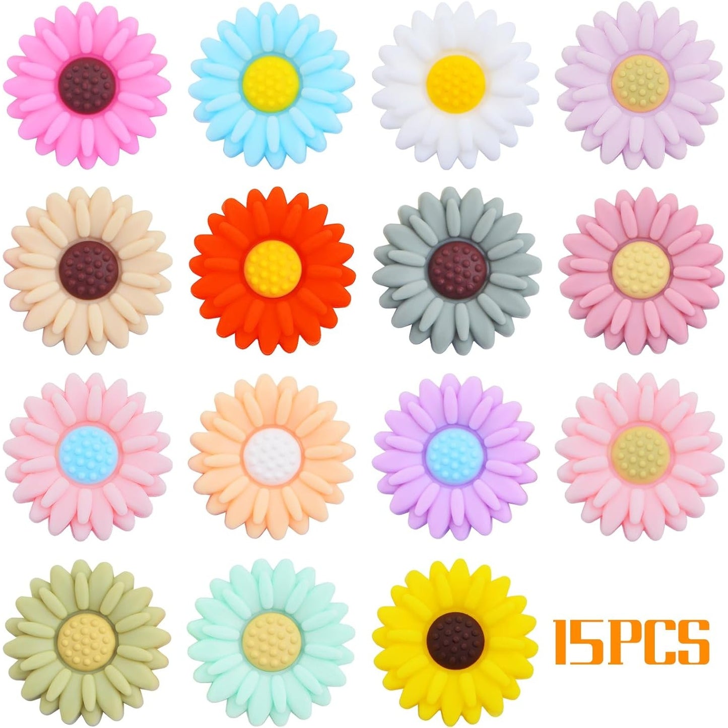 15pcs Daisy Flower Silicone Beads Colorful Soft Silicone Sunflower Spacer Beads Flower Shape Loose Beads Craft Accessories for DIY Necklace Bracelet Keychains Jewelry Making