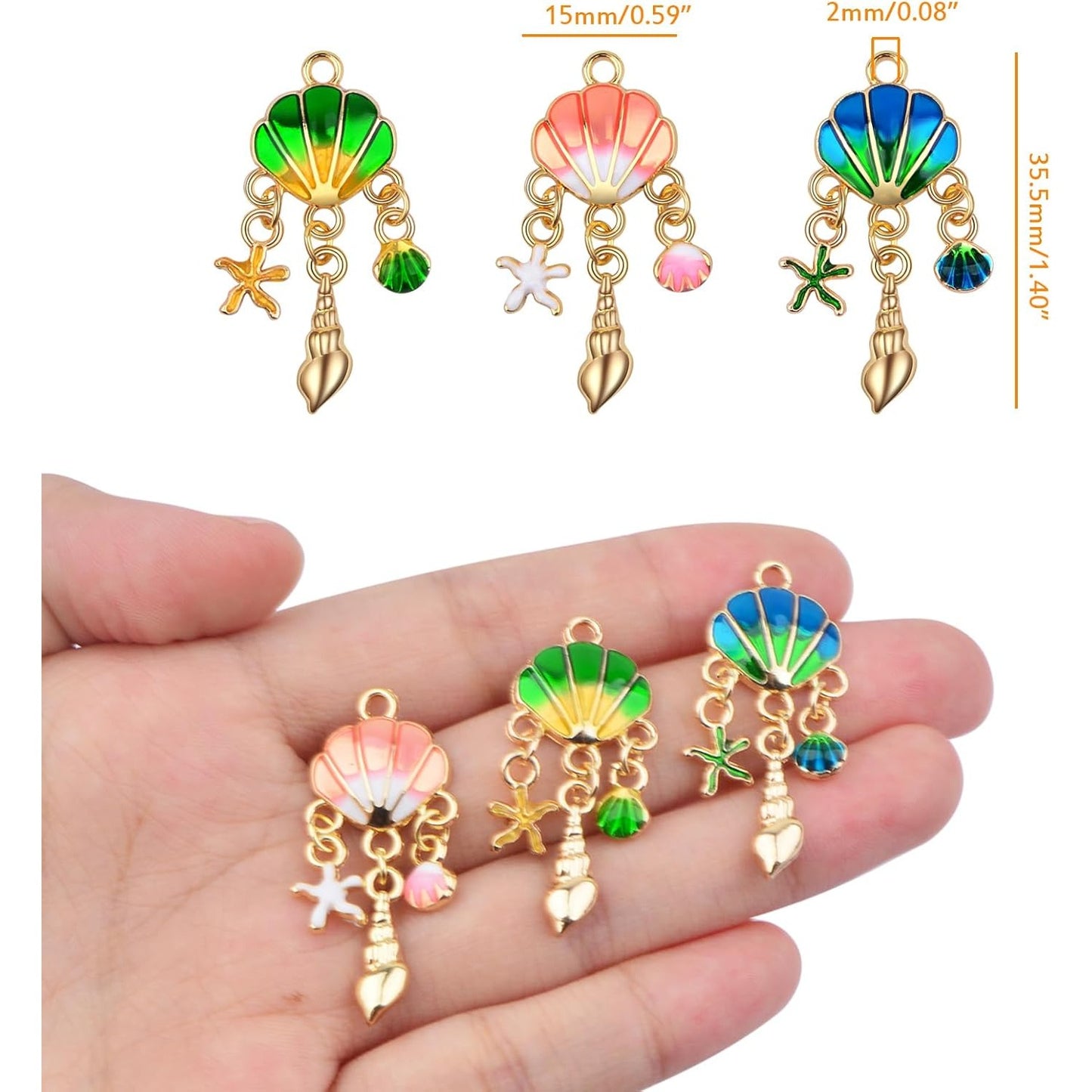 12pcs Golden Plated Enamel Shell Charms with Starfish Conch Seashell Colorful Ocean Seashell Beach Dangle Pendants for DIY Necklace Bracelet Earrings Jewelry Making