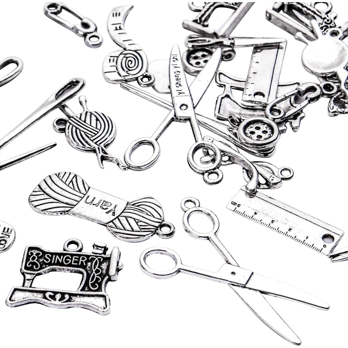 Sewing Charms Collection,44pcs Antique Silver Sewing Charms Scissor Pipe Yarn Clew Button Pendant Jewelry Making Findings for Necklace Bracelet Scrapbooking