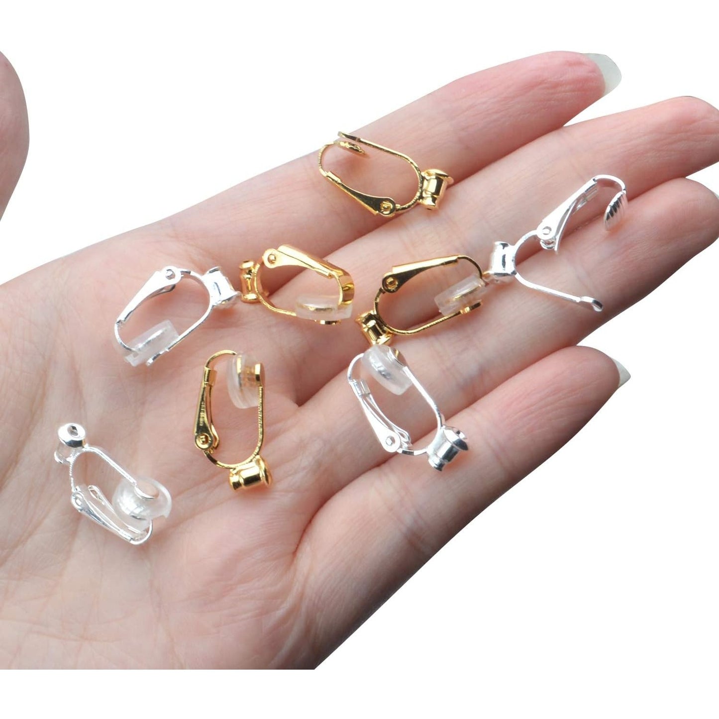 Clip-On Earring Converters - 12 Non-Pierced Earring Clips, Silicone Pads for Jewellery Making - Silver and Gold
