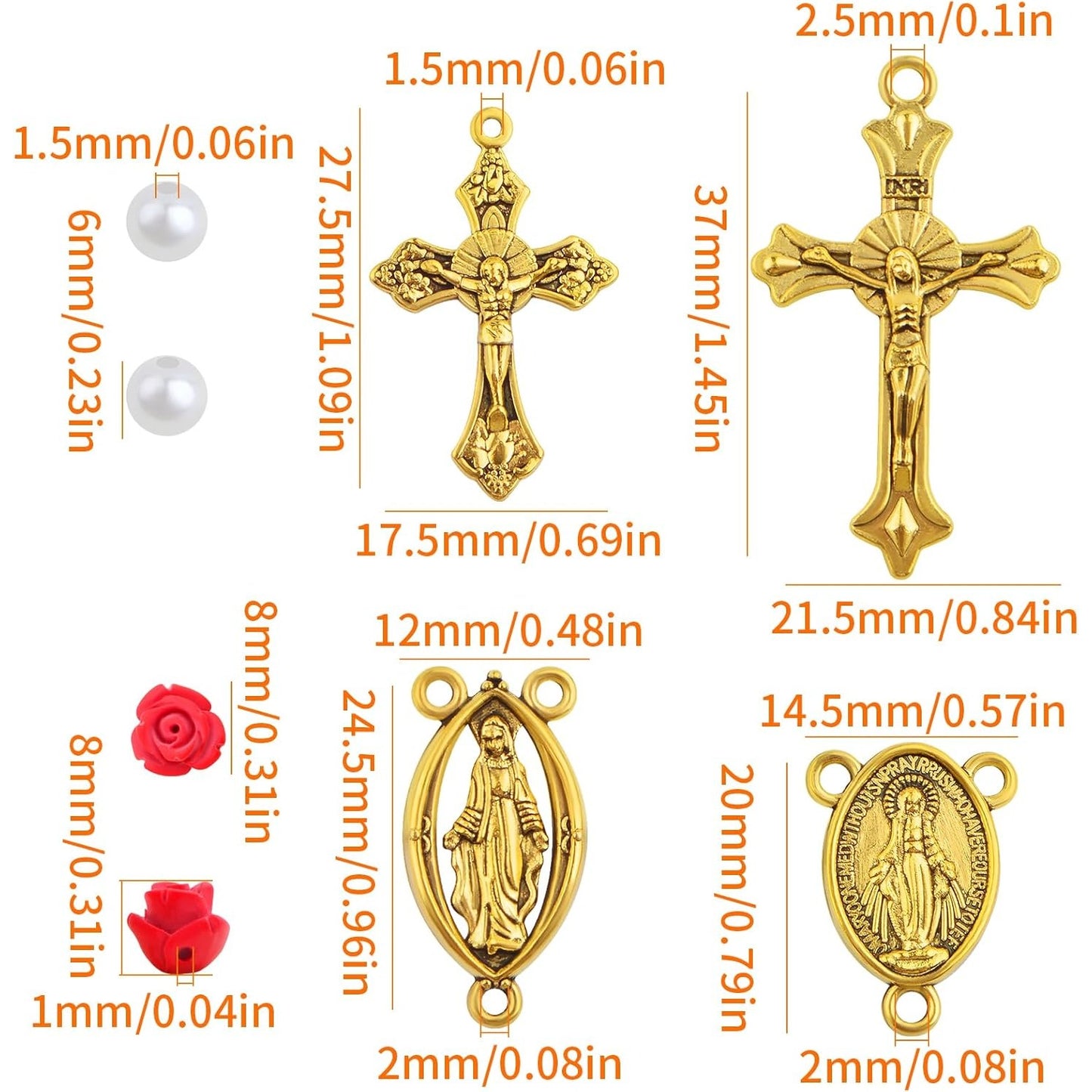 10pcs Antique Golden Jesus Cross Charms, 10pcs Virgin Mary Pendant Links, 30pcs Cinnabar Red Rose Beads and 500pcs White Pearls Kit for DIY Rosary Necklace Crafts Jewelry Making