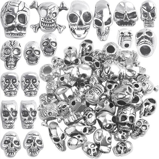 44pcs Antique Silver Skull Spacer Beads Tibetan Alloy Skeleton Skull Head Large Hole Bead Vintage Loose Beads for DIY Crafts Jewelry Making Halloween Decor, 11 Styles