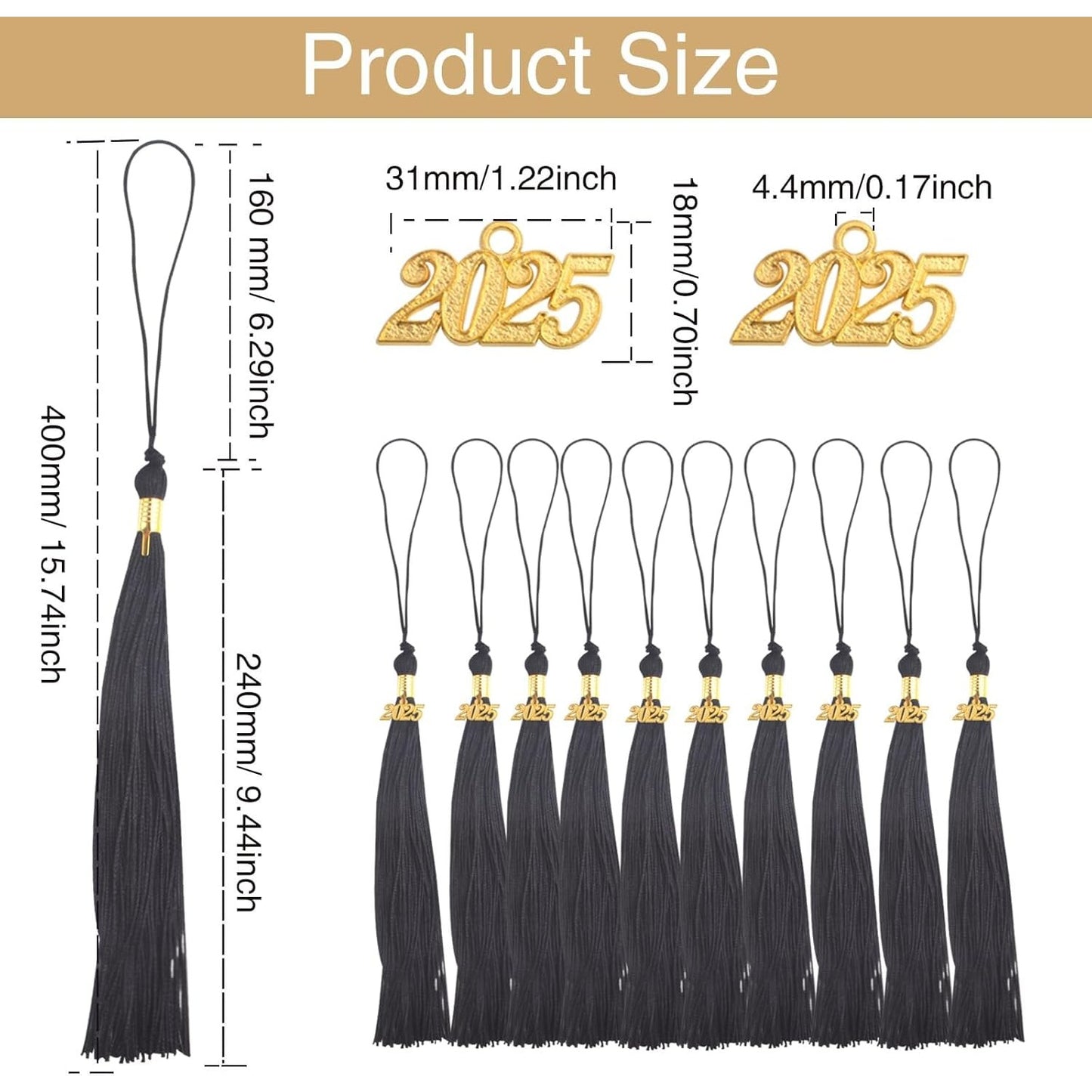 10pcs Black Graduation Tassels Academic Grad Cap Tassel Decoration with 10pcs Golden 2025 Year Charms for 2025 Graduates Graduation Ceremonies Parties Activities Souvenir