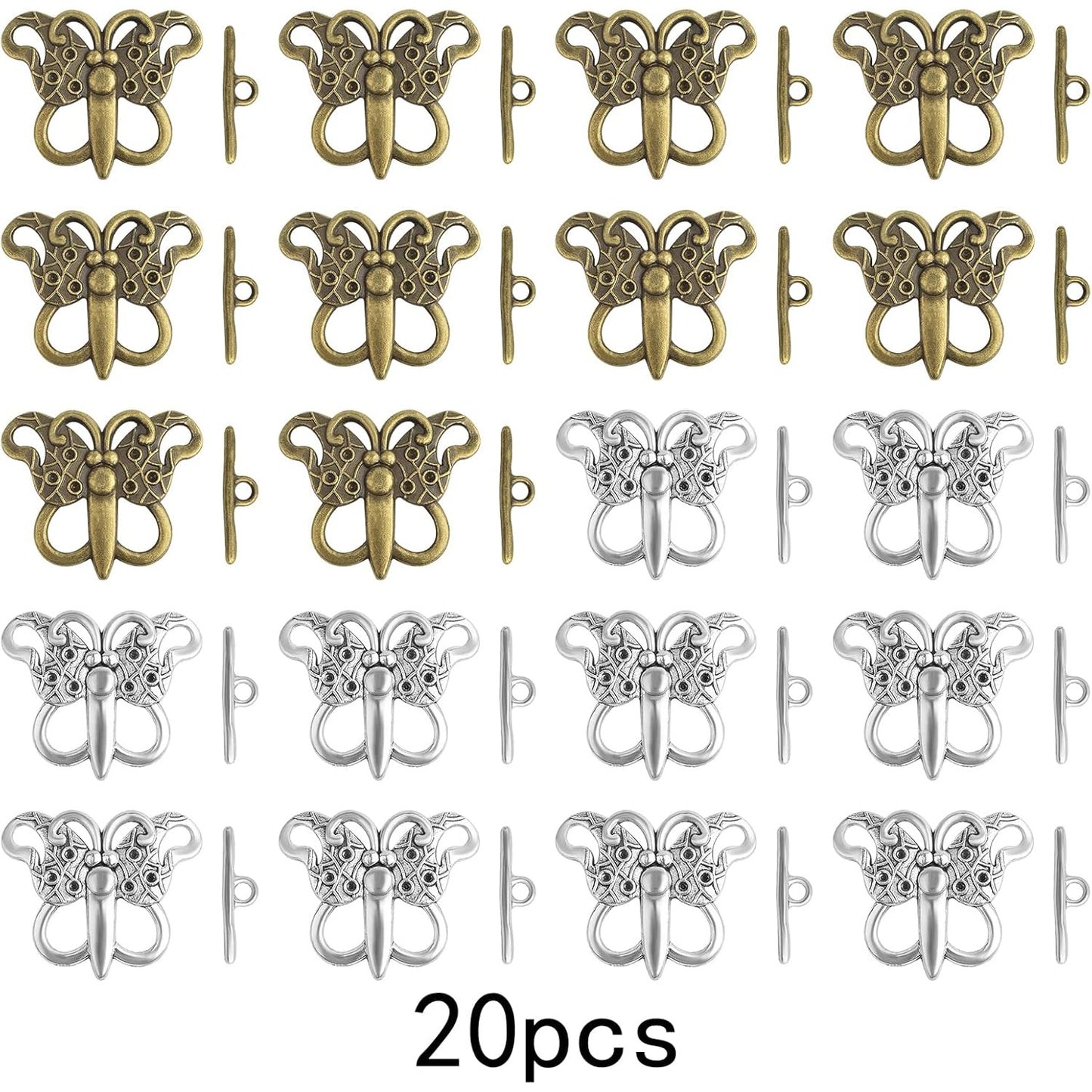 20 Sets Butterfly Bracelet Toggle Clasps T-Bar End Tibetan Closure Filled Fastener Hook Toggle Connectors for DIY Necklace Jewelry Craft Making, 2 Colors