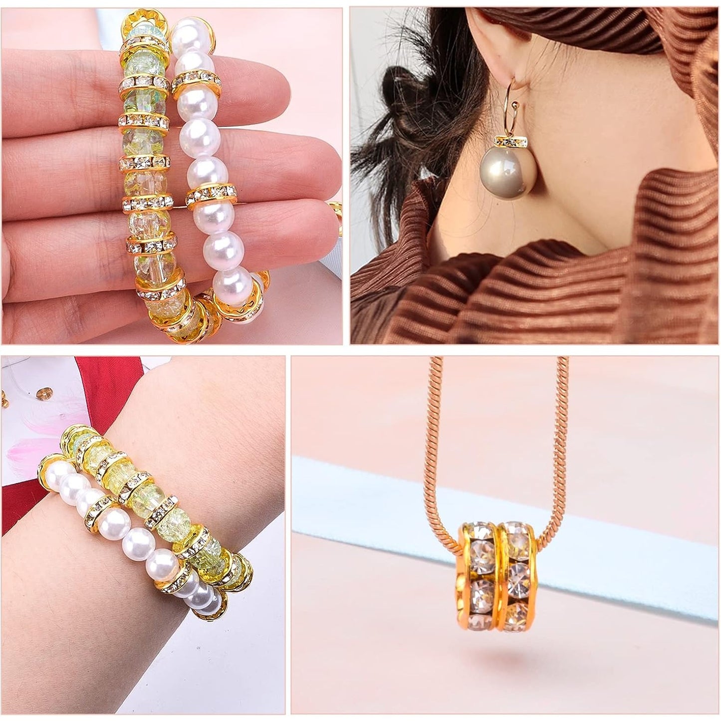 100pcs 10 mm Rhinestone European Beads Crystal Rondelle Spacer Beads Brass Large Hole Loose Charm Beads for DIY Snake Chain Bracelets Necklaces Jewelry Making Accessories, Golden, Hole: 4.6 mm