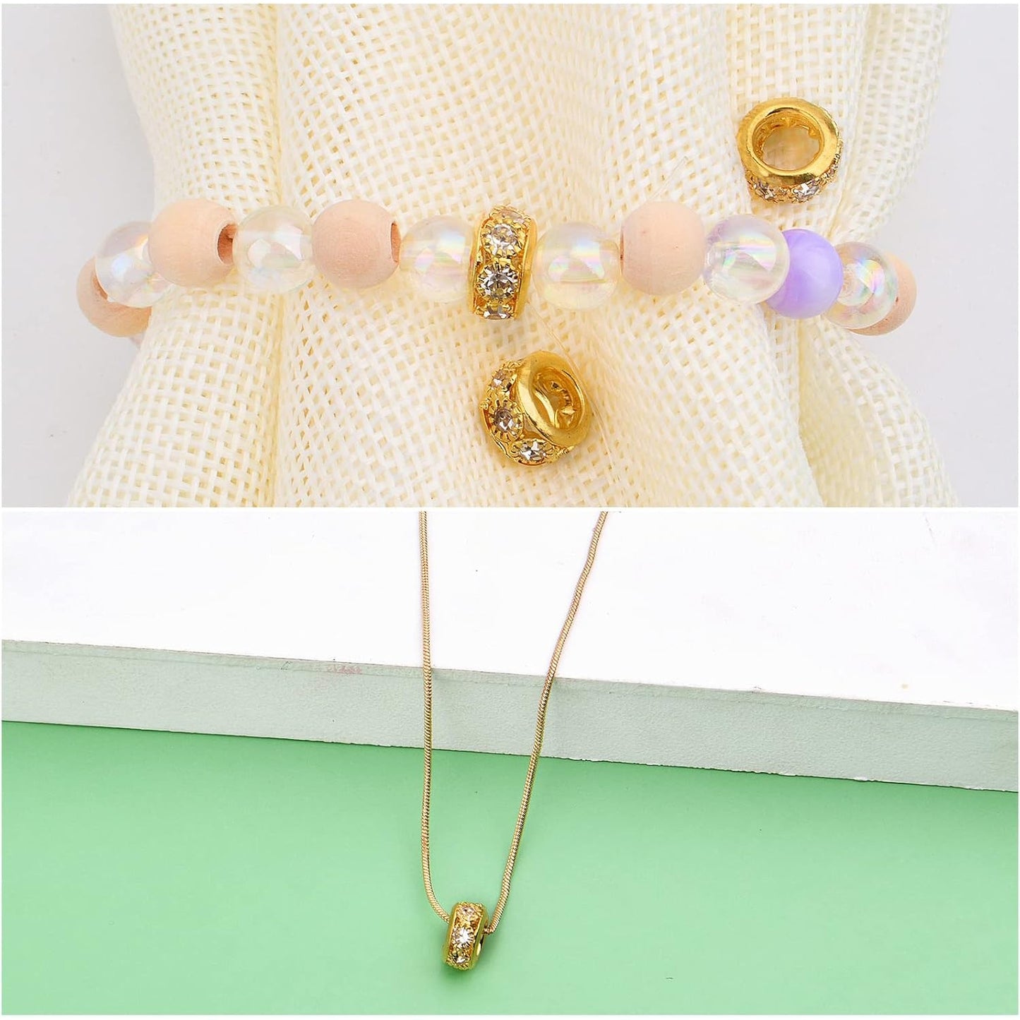 40pcs Rhinestone Rondelle Spacer Beads European Large Hole Beads Loose Charm Beads for DIY Bracelet Necklace Snake Chain Jewelry Making Decor, Bright Golden
