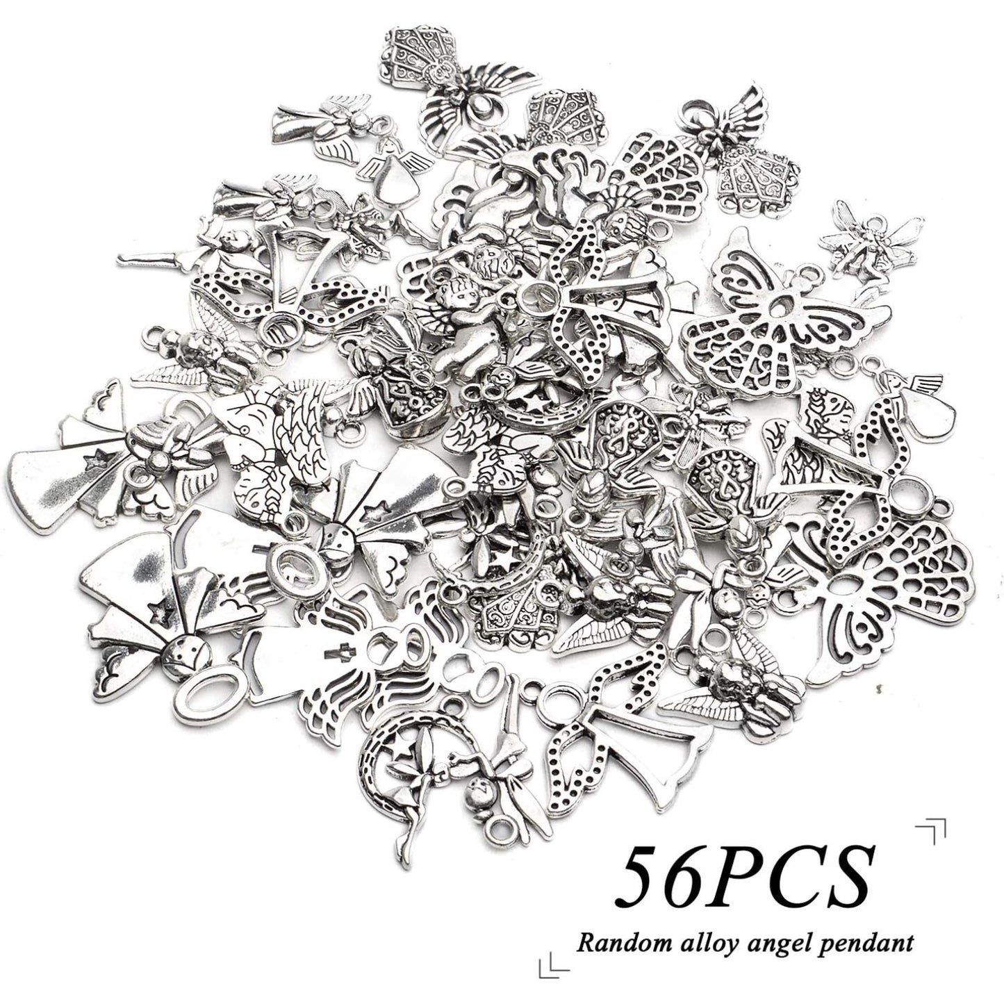 Angel Pendant Charms,56pcs Antique Silver Angel Charms Alloy Tibetan Crafts Supplies for DIY Jewellery Necklace Earring Making,Mixed Styles